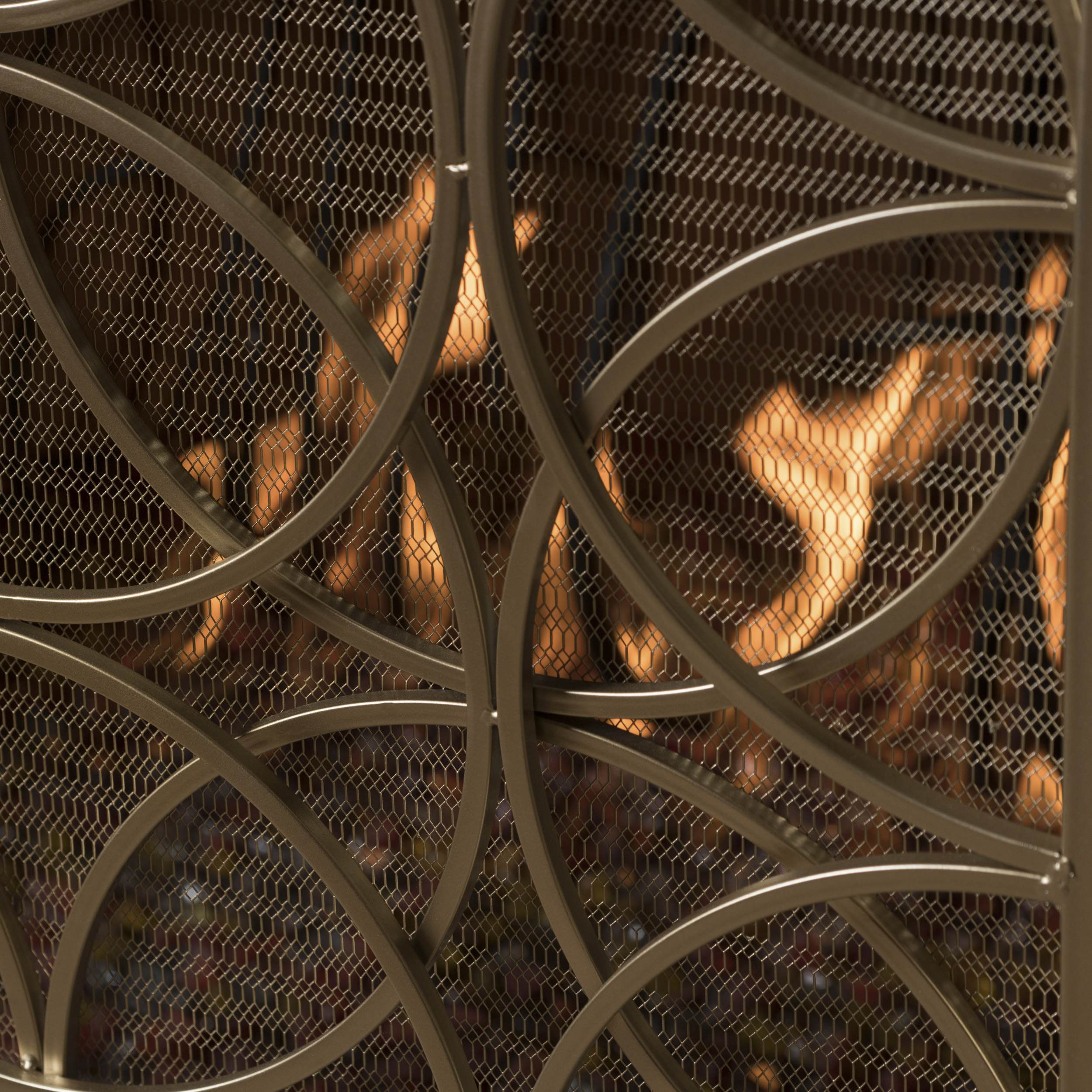 Stylish Single Panel Iron Fireplace Screen With Durable Iron Frame, Modern Overlapping Circle Design, 41.1" L x 9.25" W x 31.1" H, Gold