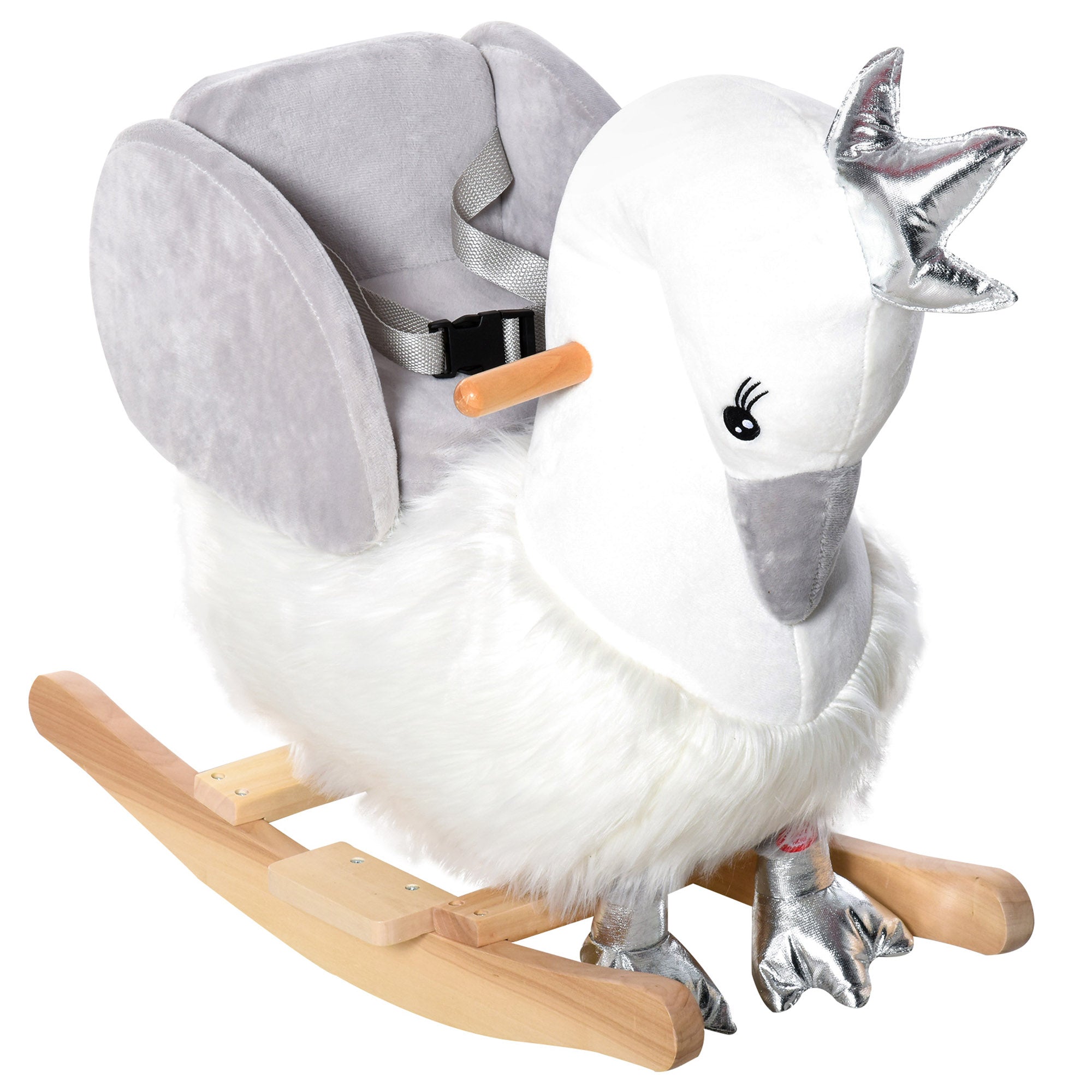 Kids Ride on Horse Swan Rocker with Sound, Plush Seat, Wooden Base, Safety Belt for Toddlers 18-36 Months, White