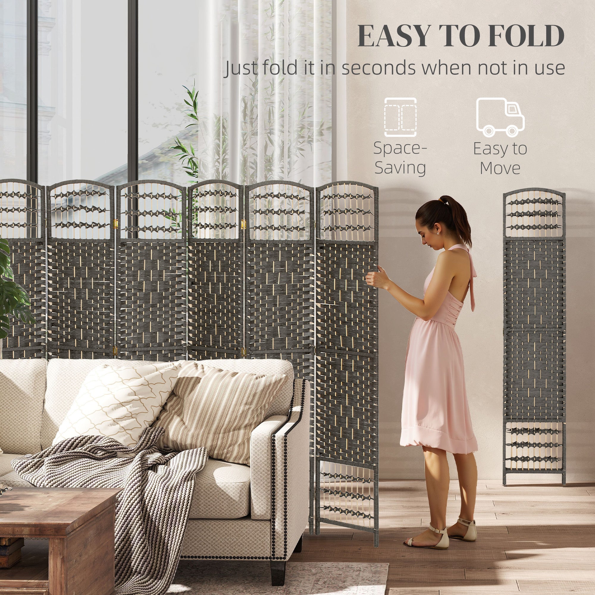 6 Panel Folding Room Divider Portable Privacy Screen Wave Fiber Room Partition for Home Office Dark Gray