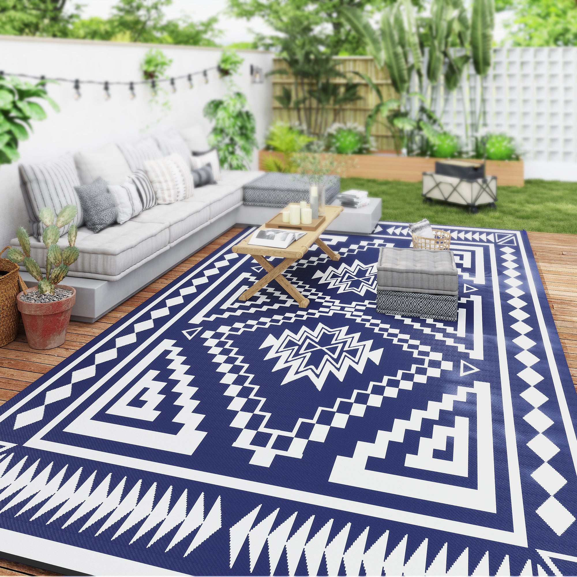 Reversible Outdoor Rug, Waterproof Plastic Straw with Carry Bag, 9' x 18', Blue & White Square Patchwork