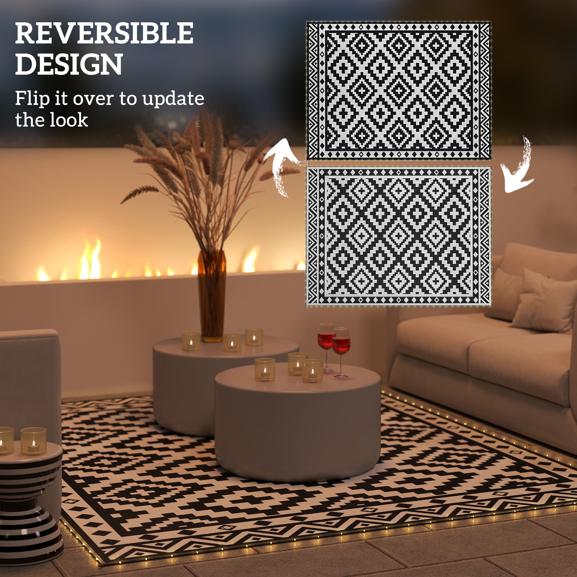 Outdoor Rug Carpet Reversible Plastic Straw Rug with LED Lights Black and White 12' x 9' for Patio