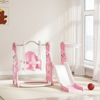 4 in 1 Toddler Slide and Swing Set with Climber, Basketball Hoop, Rabbit Themed Kids Playset for Ages 1.5-4, Pink