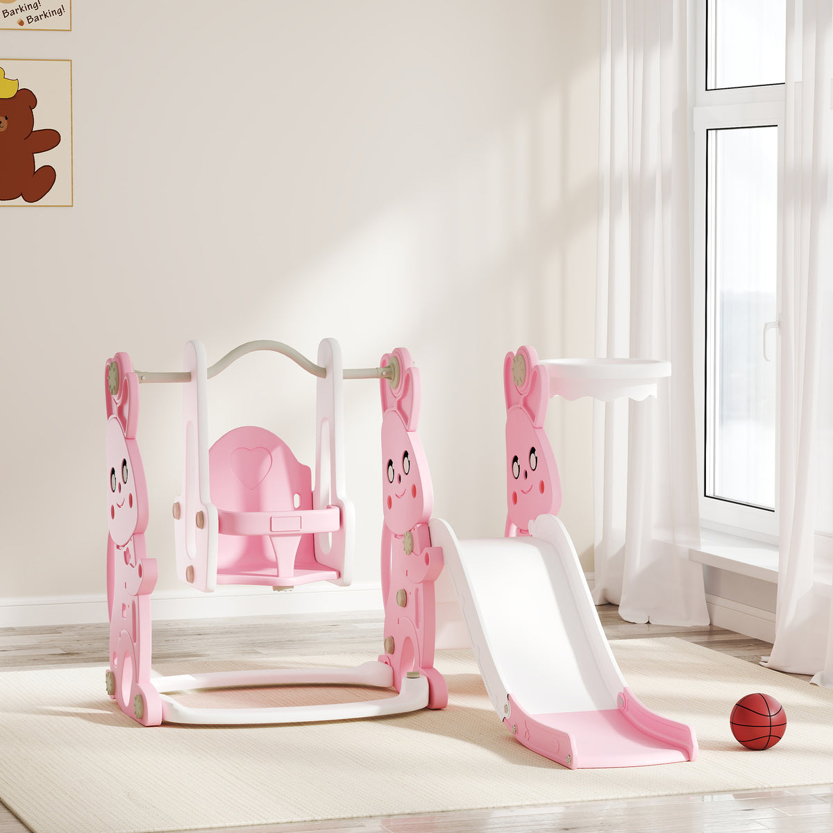 4 in 1 Toddler Slide and Swing Set with Climber, Basketball Hoop, Rabbit Themed Kids Playset for Ages 1.5-4, Pink