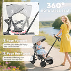 6 in 1 Kids Tricycle with Adjustable Push Handle, Removable Canopy, Reversible Seat, for 1-5 Years, Gray