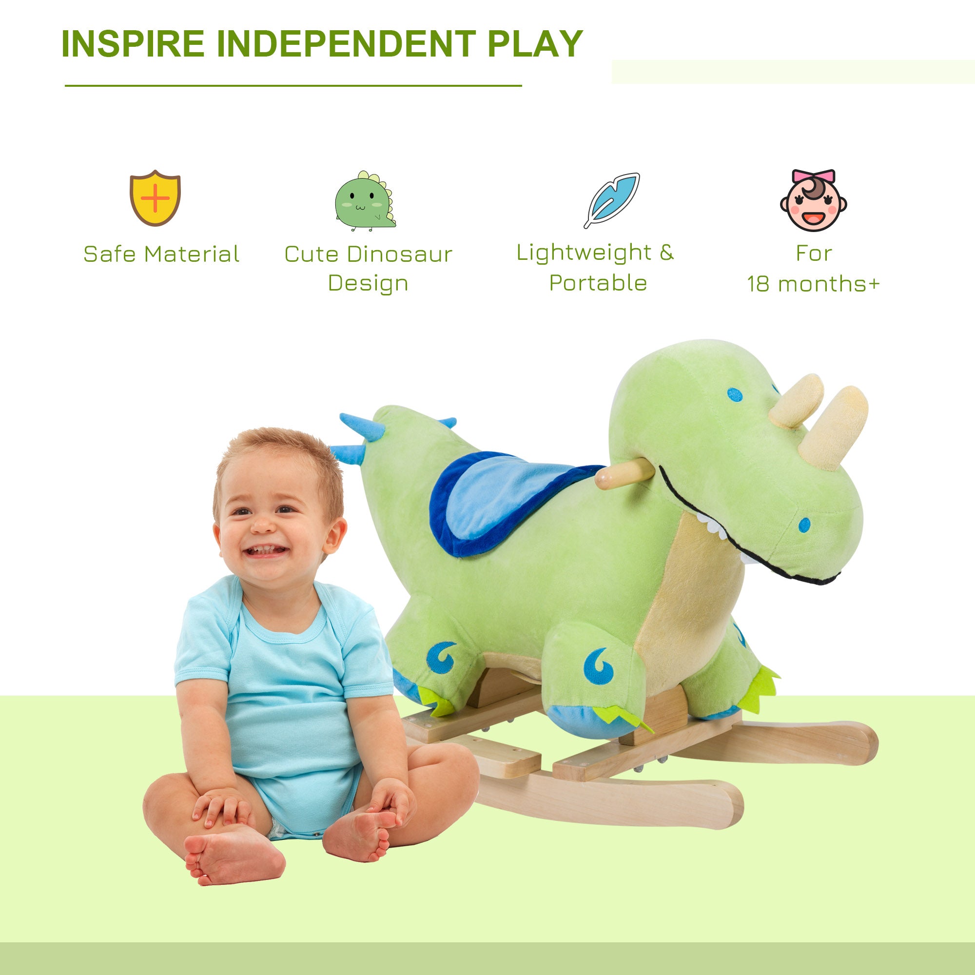 Kids Plush Ride-On Rocking Horse Toy Dinosaur Ride on Rocker Green with Realistic Sounds
