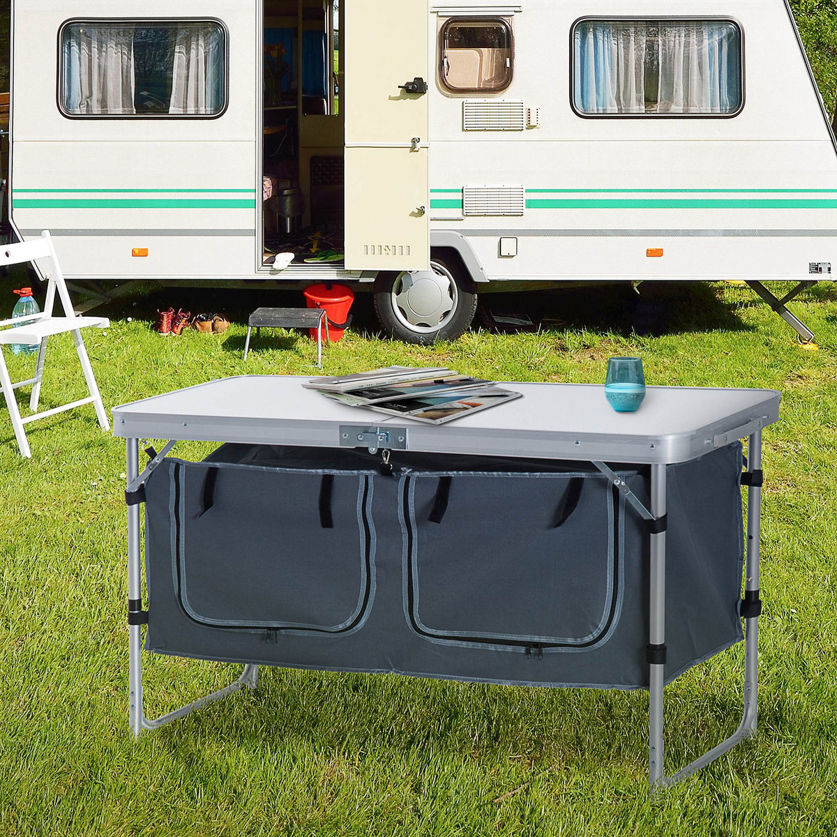 47" Portable Camping Table Aluminum Picnic Folding Camping Table with Carrying Handle and Storage Organizer