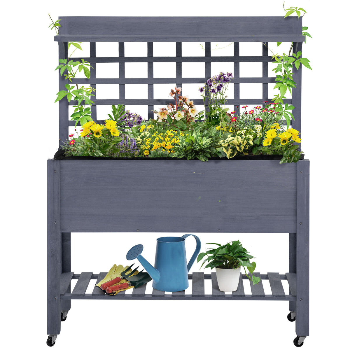 41" Raised Garden Bed Mobile Elevated Wooden Planter Box Stand with Wheels, Trellis and Storage Shelf, Gray