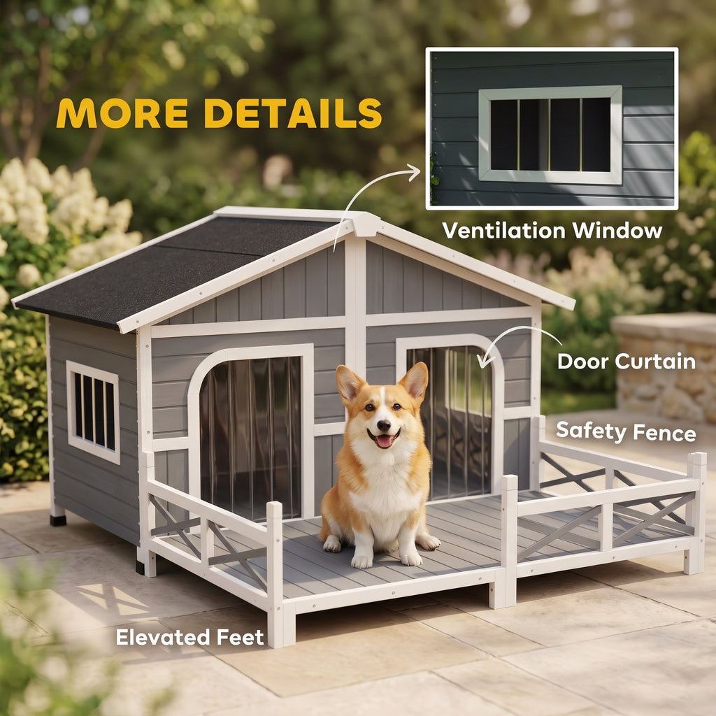 Dog House Outdoor, Wooden Dog Kennel Weatherproof with Porch, Openable Roof, Removable Bottom, Elevated Floor, Double Room for 2 Small to Medium Breeds, Gray