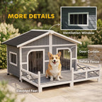 Dog House Outdoor, Wooden Dog Kennel Weatherproof with Porch, Openable Roof, Removable Bottom, Elevated Floor, Double Room for 2 Small to Medium Breeds, Gray