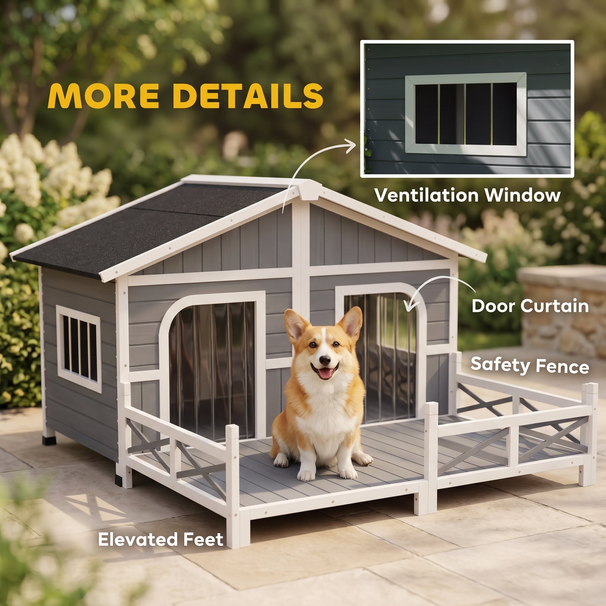 Dog House Outdoor, Wooden Dog Kennel Weatherproof with Porch, Openable Roof, Removable Bottom, Elevated Floor, Double Room for 2 Small to Medium Breeds, Gray