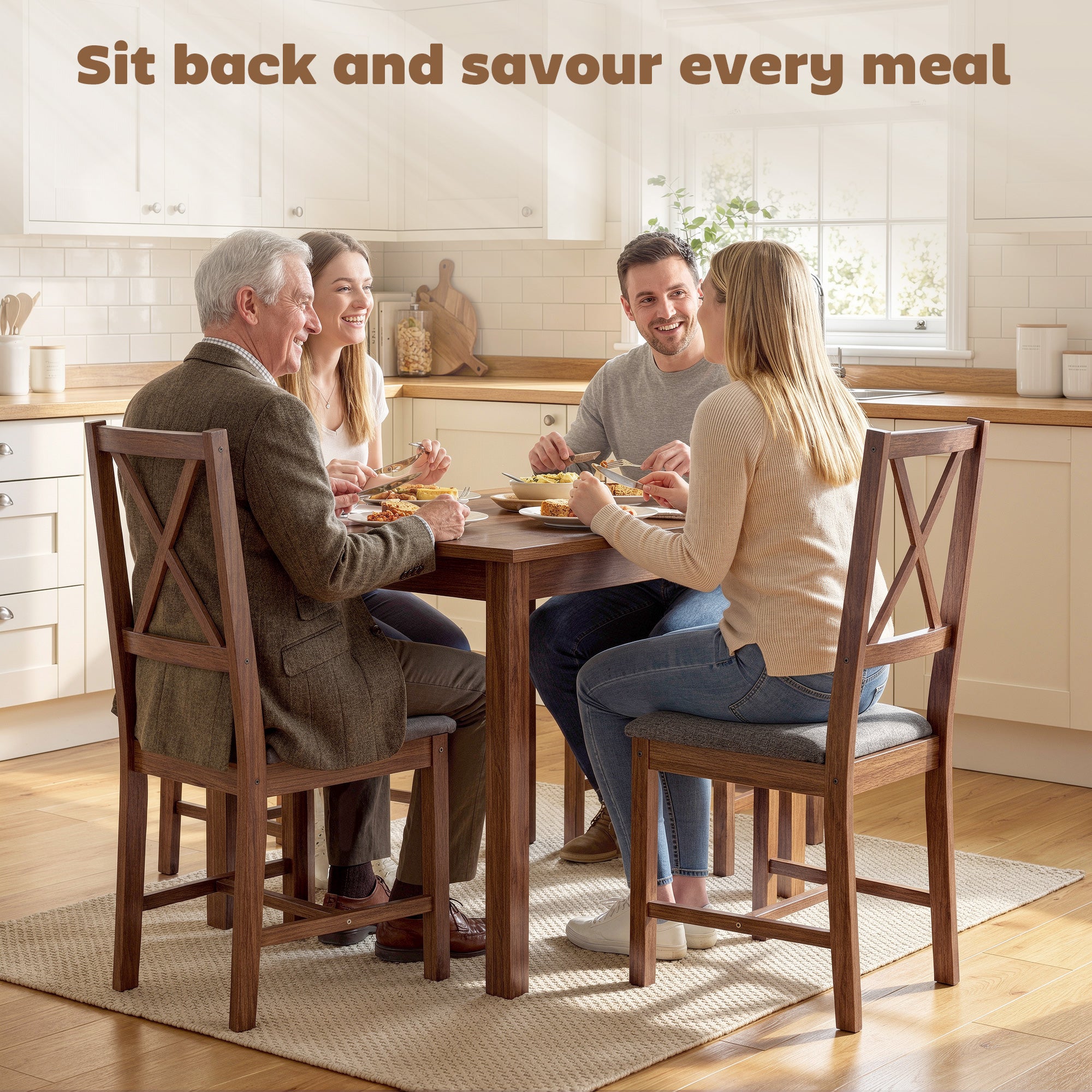 Set of 4 Dining Chairs, Upholstered X-Back Dining Room Chairs with Rubberwood Legs and Padded Seat for Kitchen, Walnut