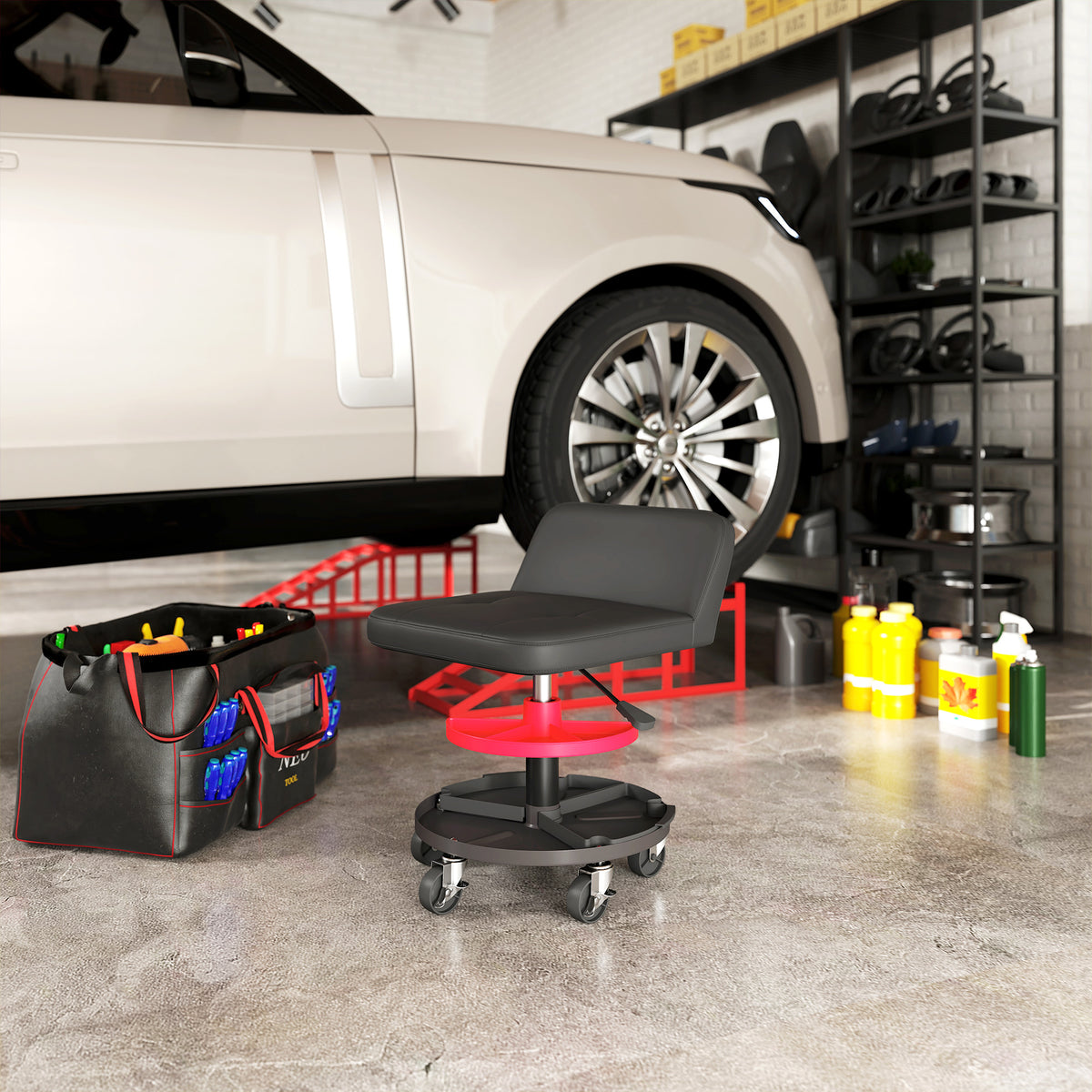 Rolling Creeper Garage Stool, 300 LBS Capacity Mechanic Stool with 360° Wheels, Tool Tray, Adjustable Height, Black