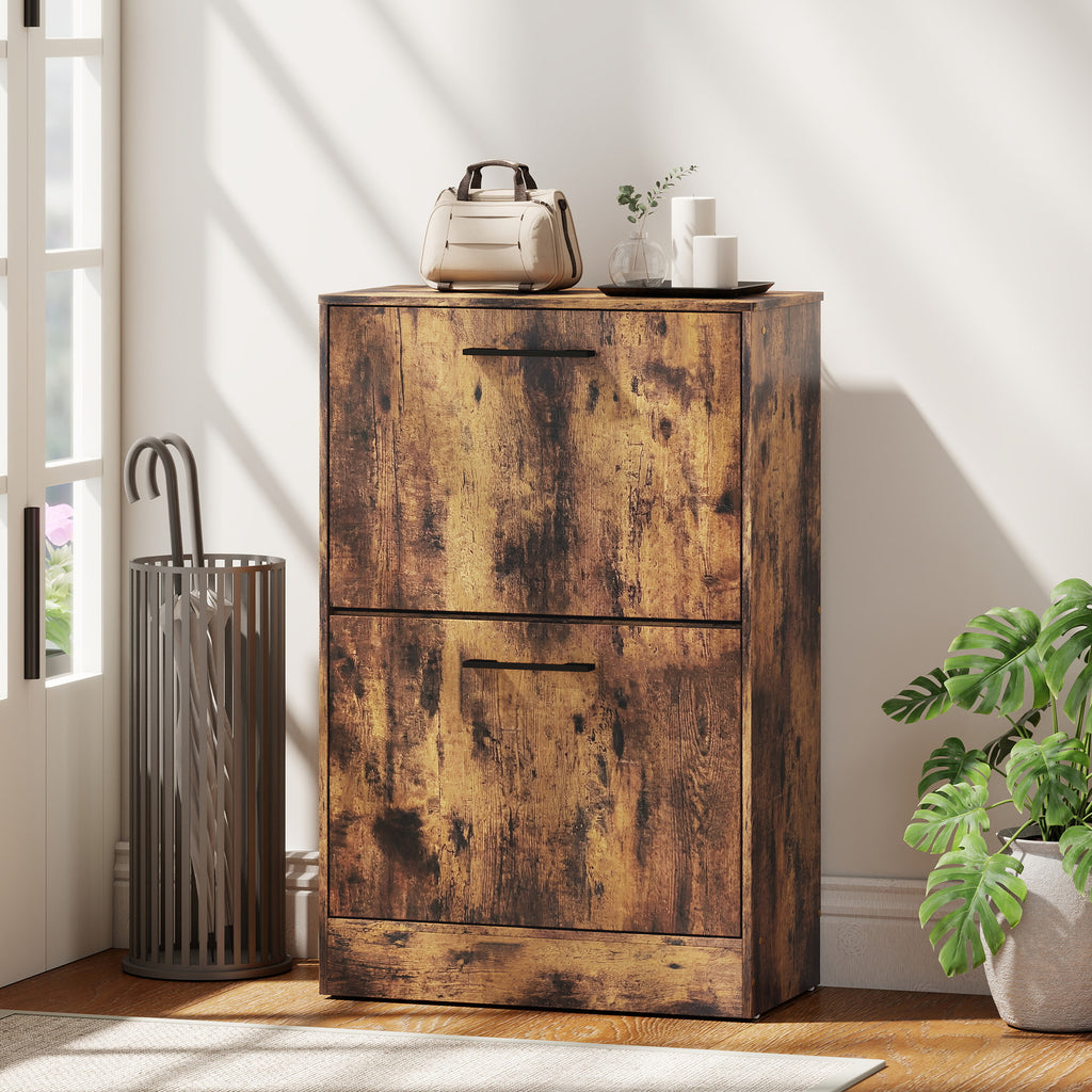 Shoe Cabinet 2 Flip Drawers Narrow Shoe Storage Unit Adjustable Dividers Entryway Hallway Rustic Brown