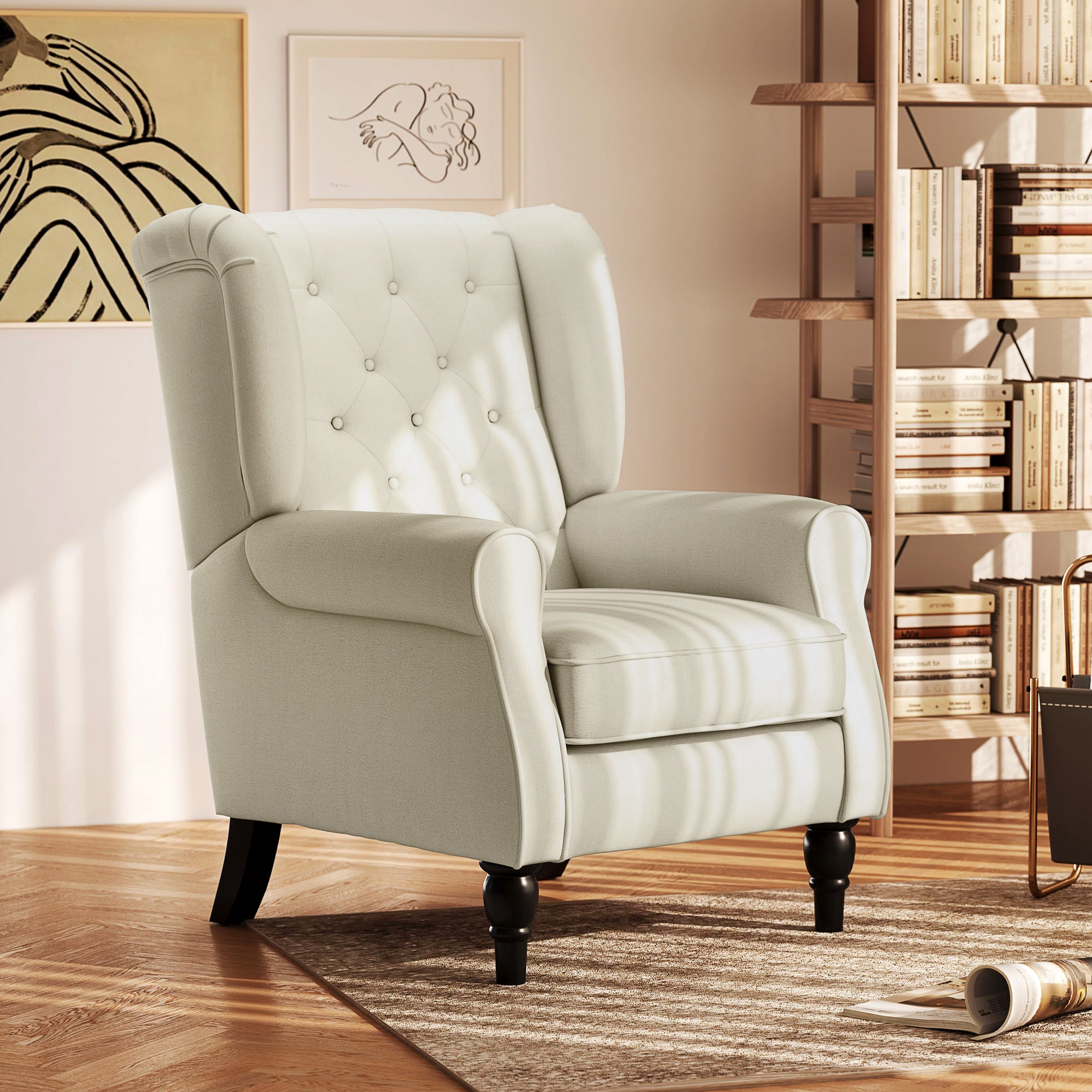 Button-Tufted Accent Chair with High Wingback, Rounded Cushioned Armrests and Thick Padded Seat, Cream White