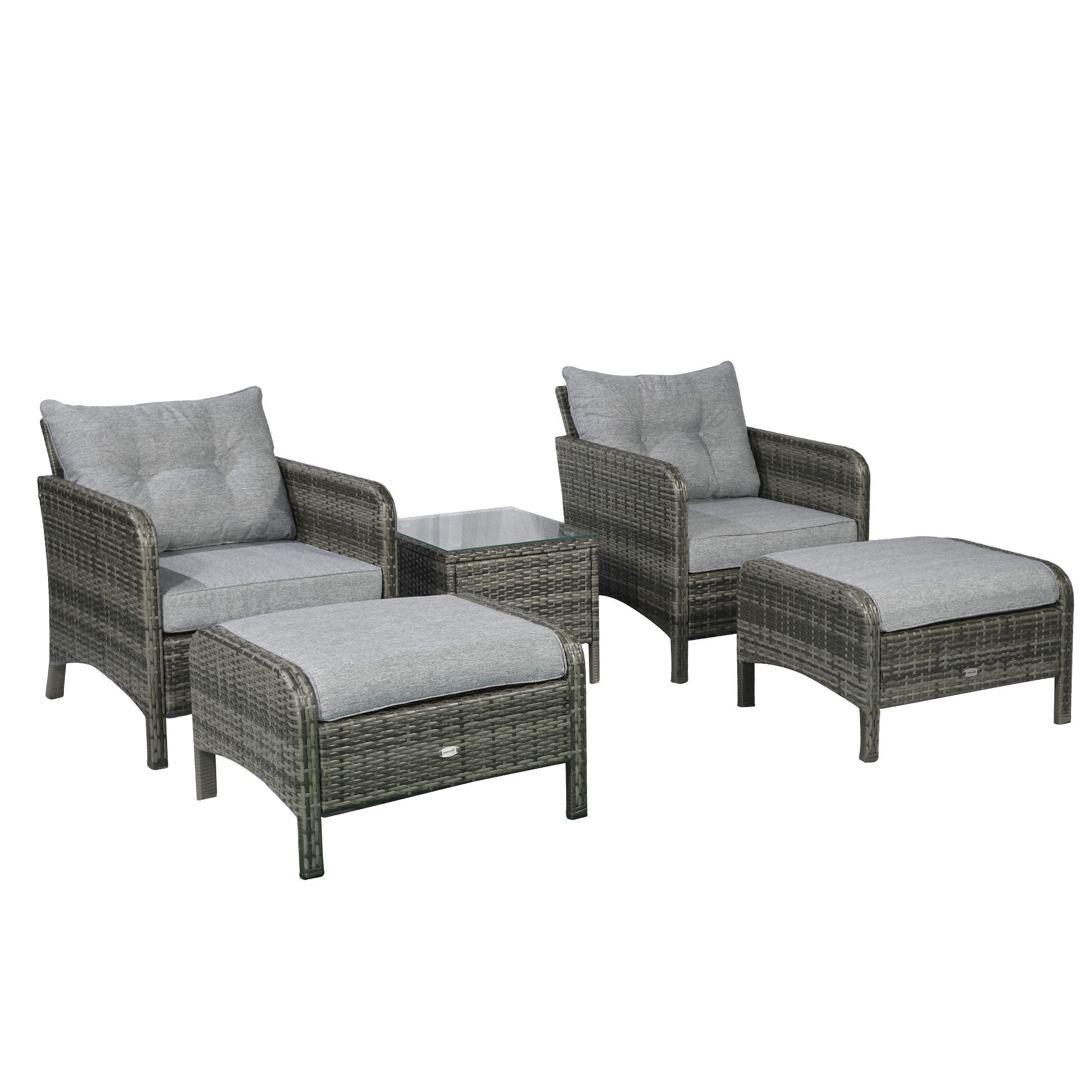 5 Pieces Rattan Wicker Lounge Chair Outdoor Patio Conversation Set with 2 Cushioned Chairs, 2 Ottomans and Tempered Glass Top Coffee Table, Gray/Light Gray
