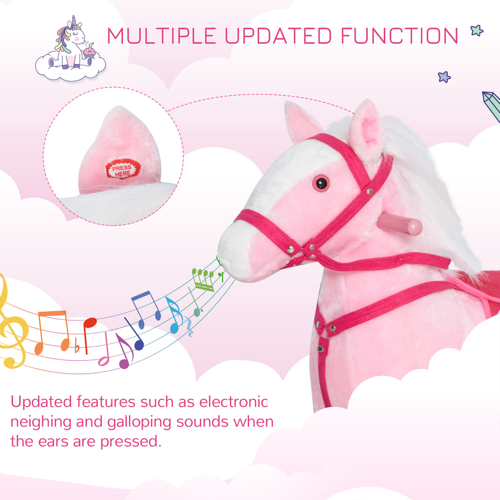 Kids Plush Toy Rocking Horse Pony Toddler Ride on Animal Rocker with Realistic Sounds, Birthday Gifts for Girls, Pink