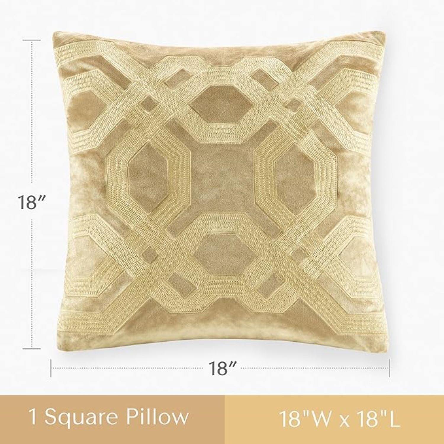 Decorative Square Pillow with Removable Goose Feather Insert, Polyester Velvet Embroidery, YKK Metal Zipper, 18" L x 18" W x 5" H, Gold