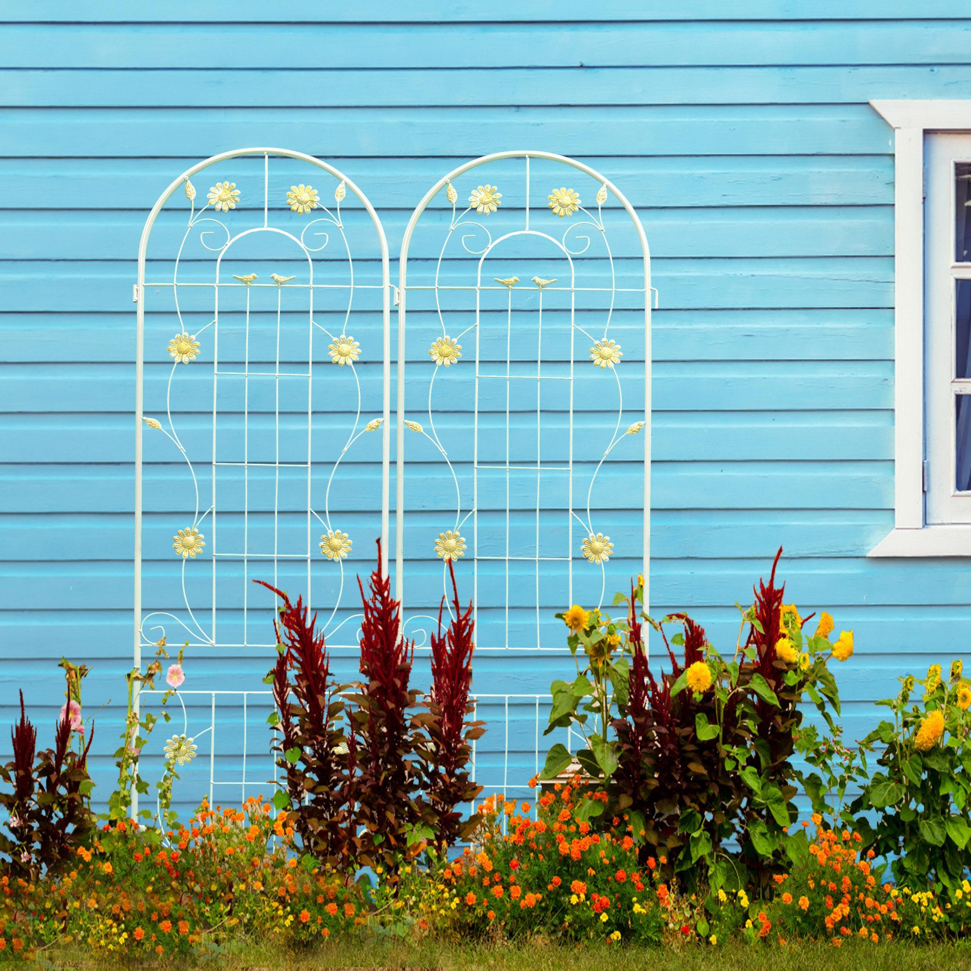 2 Pack Metal Garden Trellis with Leaves and Flower Decorations, Rustproof Climbing Plant Support, Easy to Assemble, Cream White