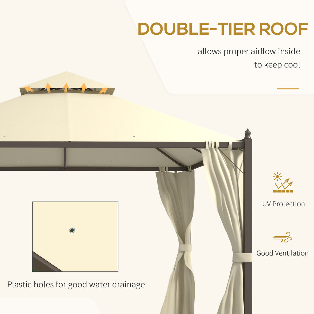 10' x 12' Outdoor Patio Gazebo with Curtains, Two-Tier Roof, Beige