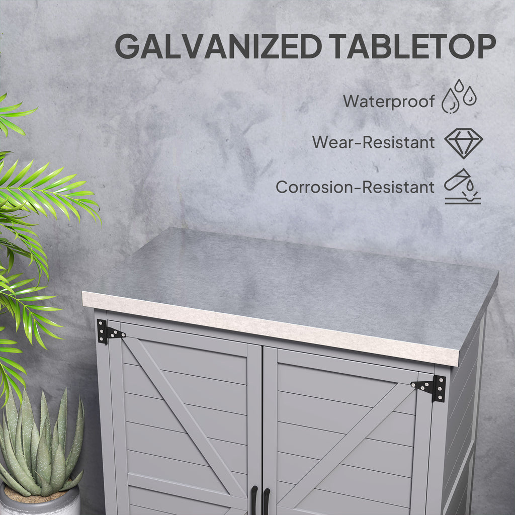 Wooden Storage Cabinet, Outdoor Prep Table with Metal Tabletop, Shelves and Double Doors for Patio, Garden, Gray