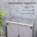 Wooden Storage Cabinet, Outdoor Prep Table with Metal Tabletop, Shelves and Double Doors for Patio, Garden, Gray