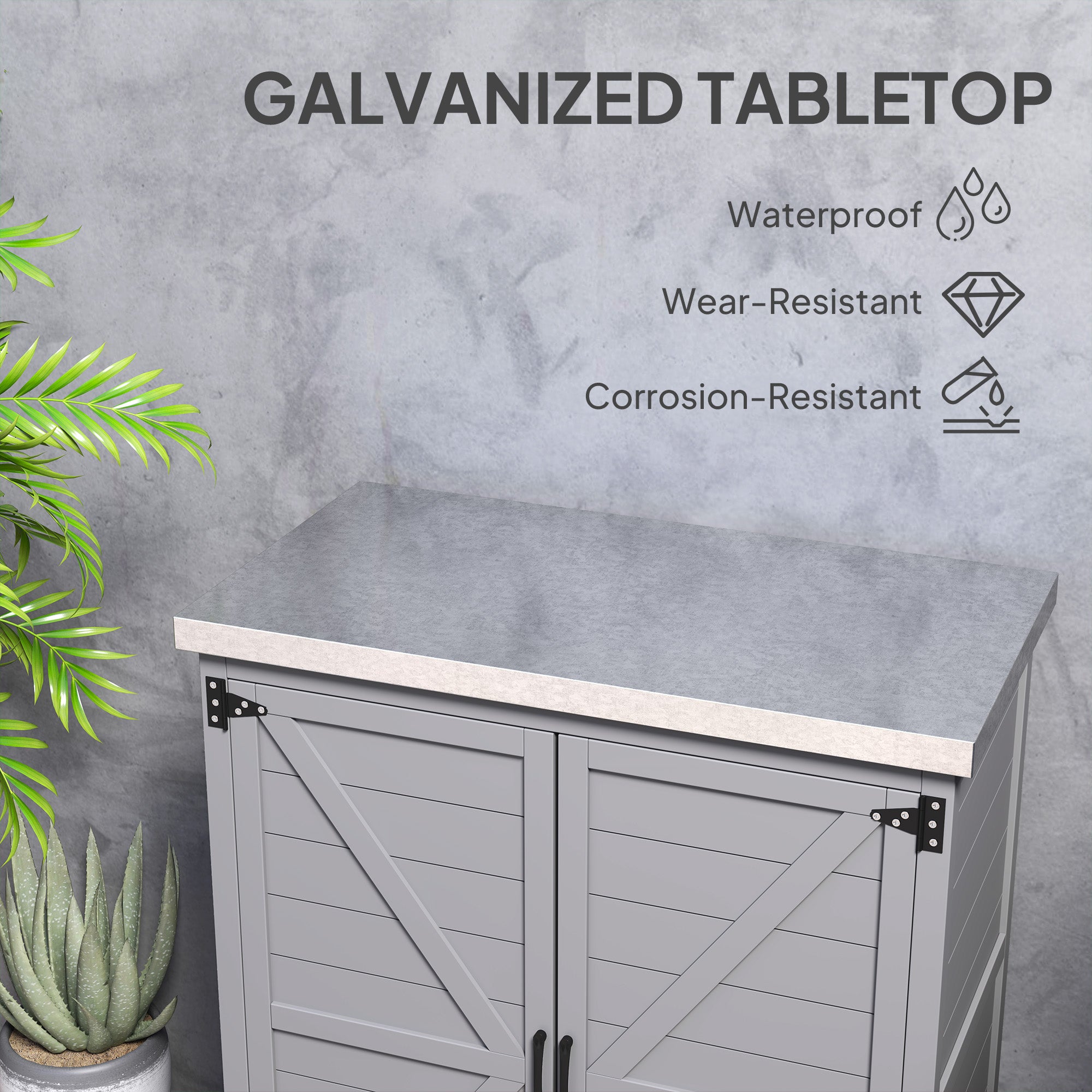 Wooden Storage Cabinet, Outdoor Prep Table with Metal Tabletop, Shelves and Double Doors for Patio, Garden, Gray