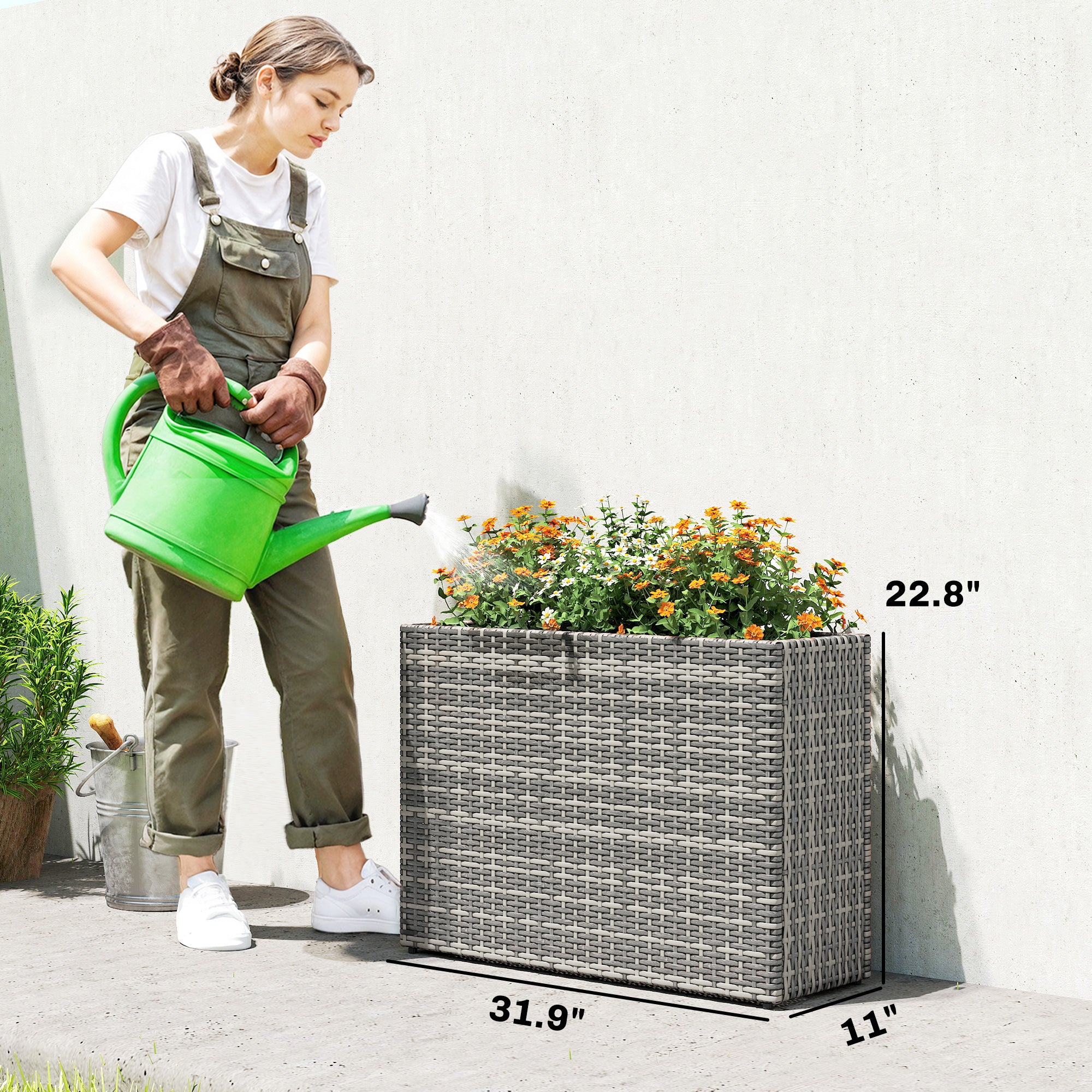 Tall Rectangular Planter with Removable Liner, Holes, PE Wicker Large Planter Box for Indoor Outdoor Plants, Gray