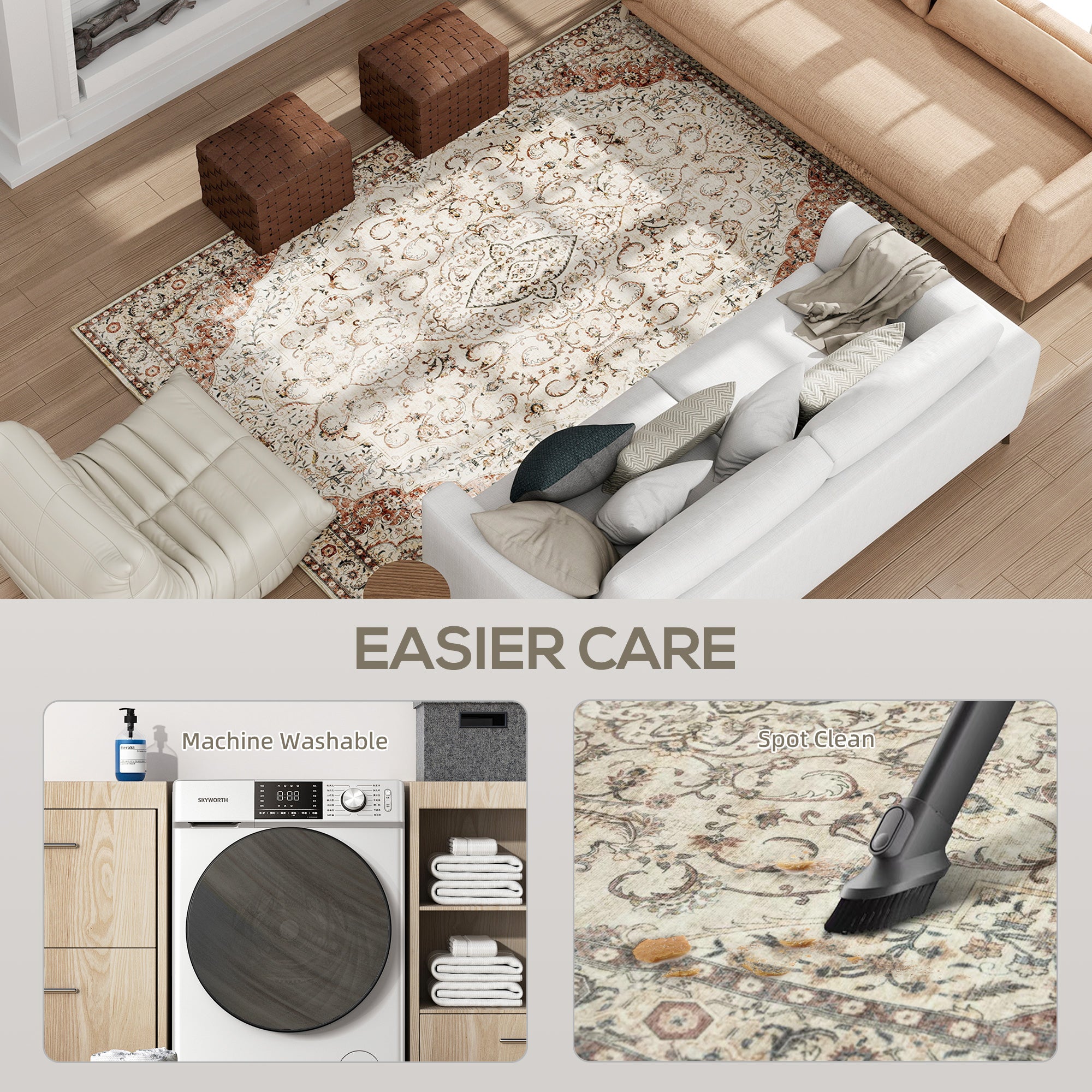Area Rug 4x6, Machine Washable Rug, Non-Slip Classical Floral Print Floor Carpet for Living Room, Bedroom, Mixed-Brown