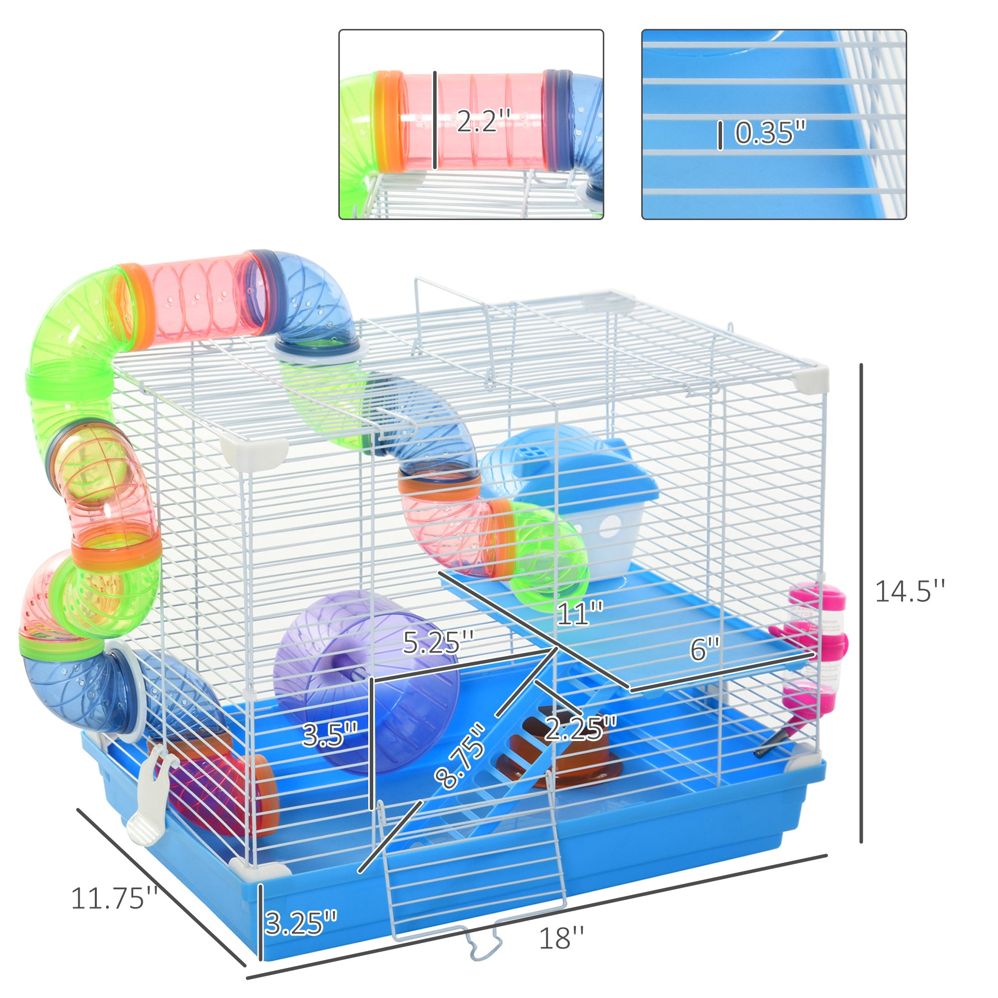 2-Level Hamster Cage Rodent Gerbil House Mouse Mice Rat Habitat Metal Wire with Exercise Wheel, Play Tubes, Water Bottle, Food Dishes, & Interior Ladder