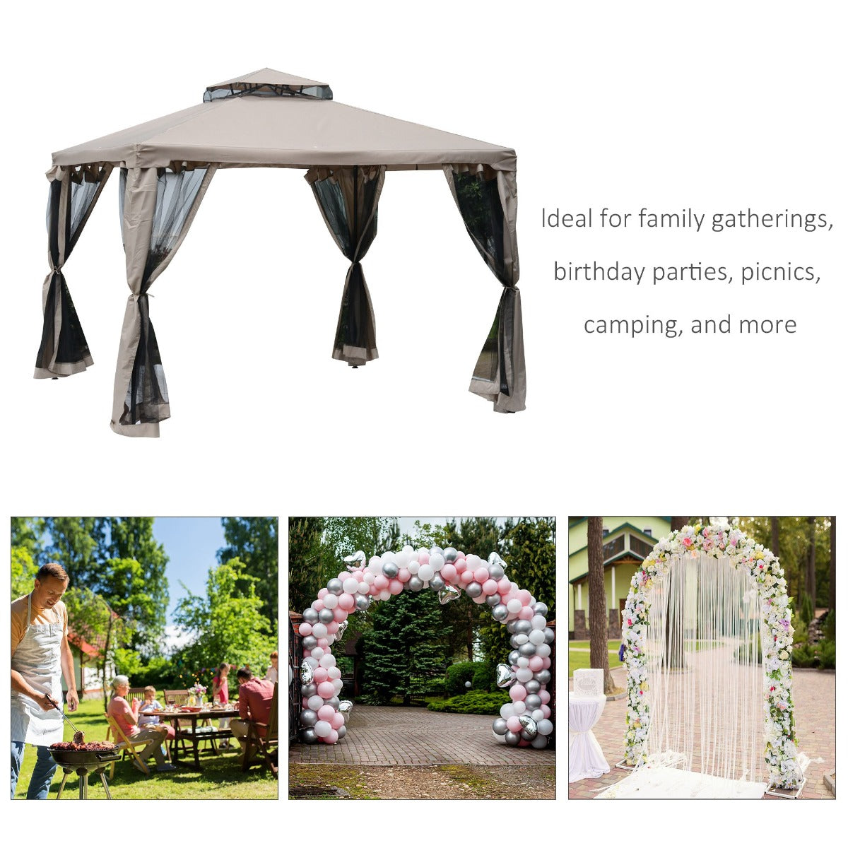 10' x 10' Gazebo Tent, Double Roof Outdoor Canopy Shelter, with Netting Fabric and Vented Roof, Steel Corner Frame for Garden, Lawn, Backyard, Taupe