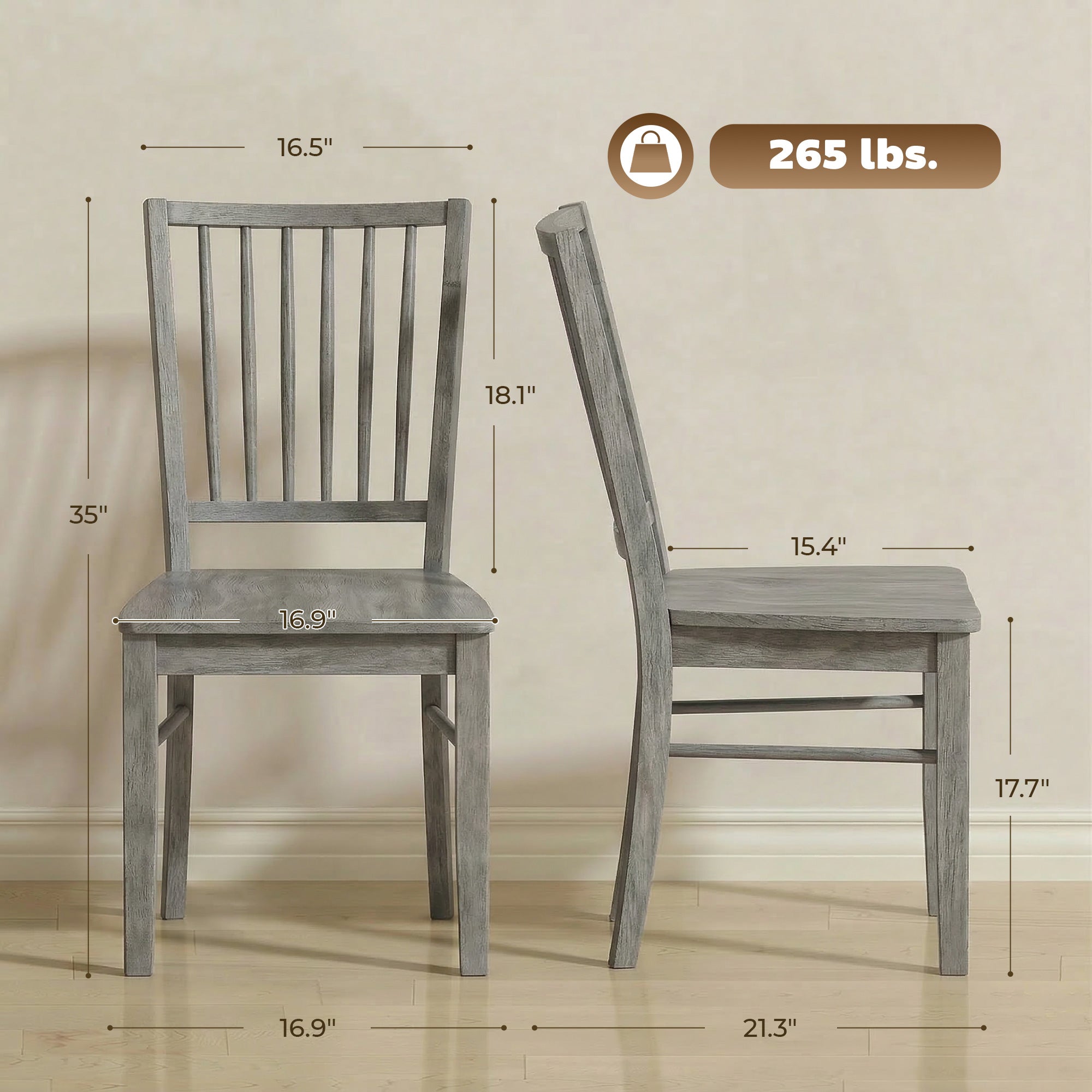 Dining Chairs Set of 2 Ergonomic Solid Wood, Armless Kitchen Chairs with Rubberwood Legs, Rustic Gray
