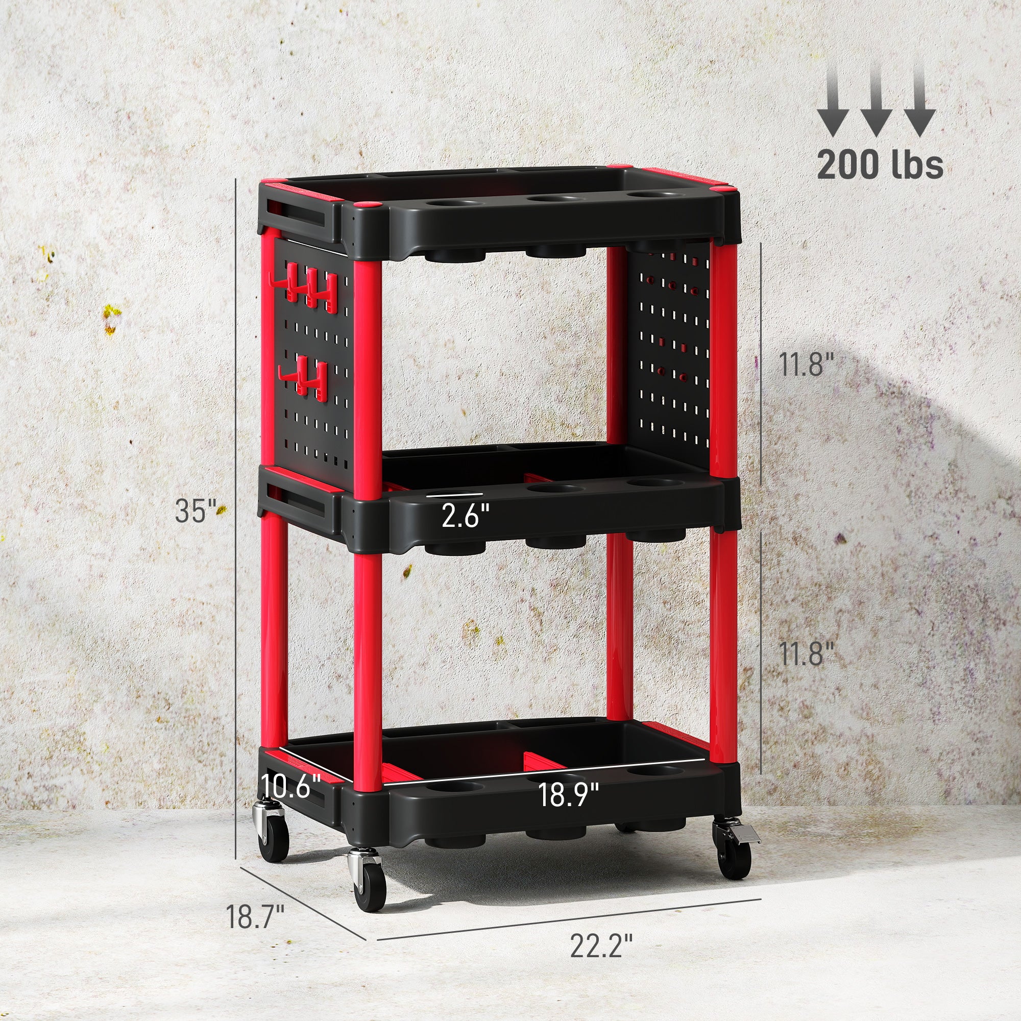 3-Tier Rolling Tool Cart, 200 LBS Capacity Plastic Utility Cart with Side Shelves for Garage Workshop, Black and Red