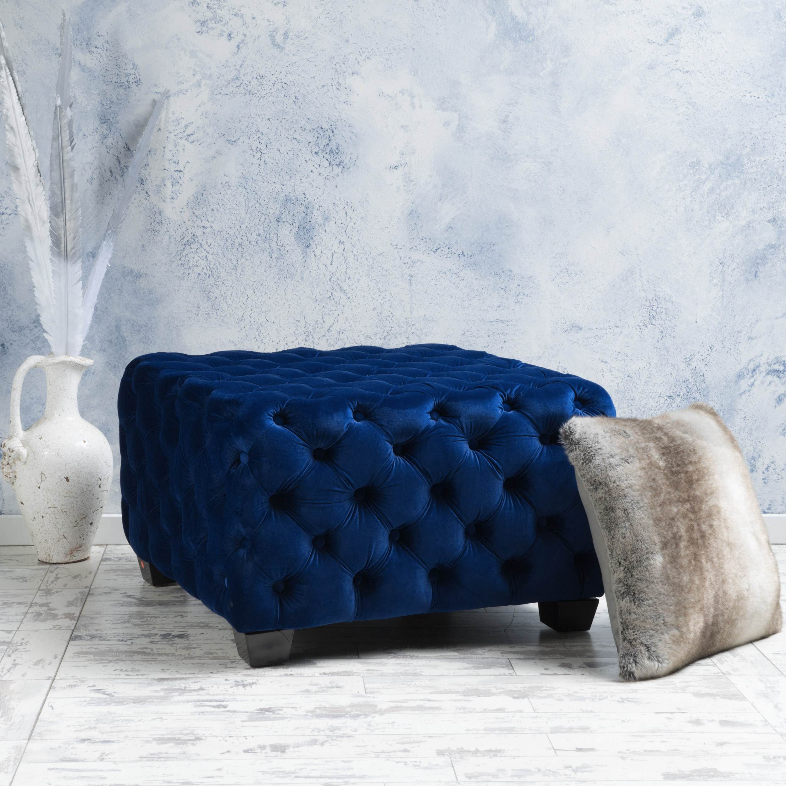 Velvet Ottoman with Cushioned Top, Sturdy Frame, and Space-Saving Design, 29" L x 29" W x 18.25" H, Navy Blue