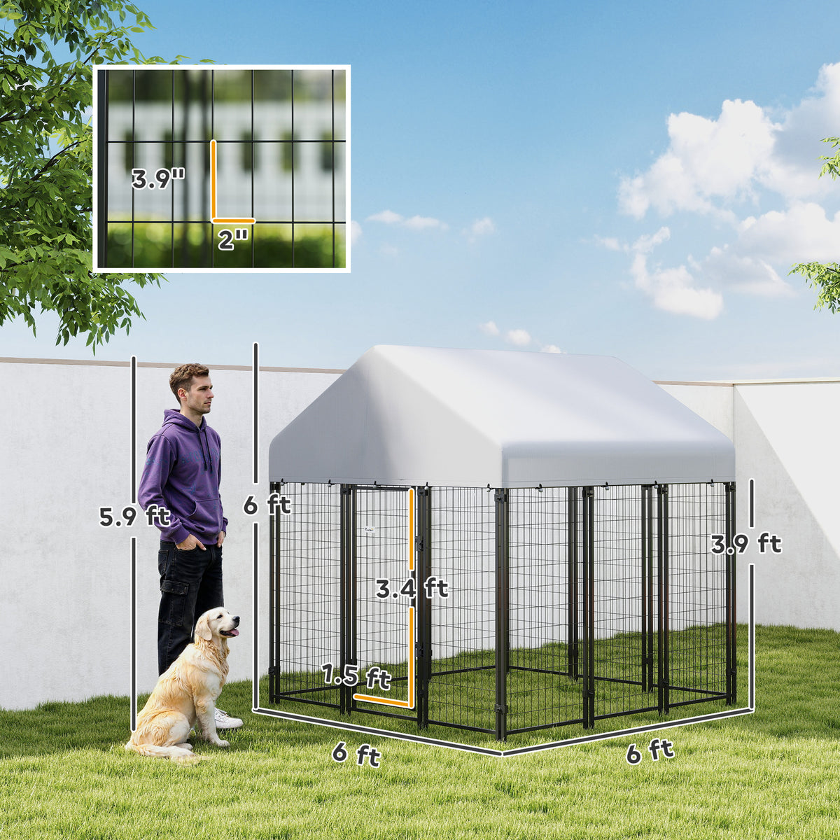 Outdoor Dog Kennel with Roof, 6' x 6' x 6' Heavy Duty Welded Wire Dog Playpen Enclosure with Escape-proof Lock