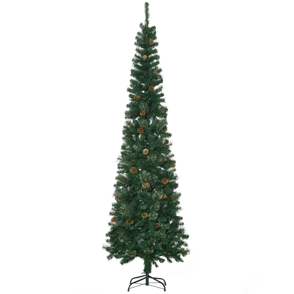 7.5 Foot Pencil Artificial Christmas Tree, Slim Pine Needles Xmas Tree with Realistic Branches, Pine Cones, Metal Base, Green