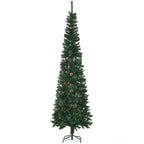 7.5 Foot Pencil Artificial Christmas Tree, Slim Pine Needles Xmas Tree with Realistic Branches, Pine Cones, Metal Base, Green