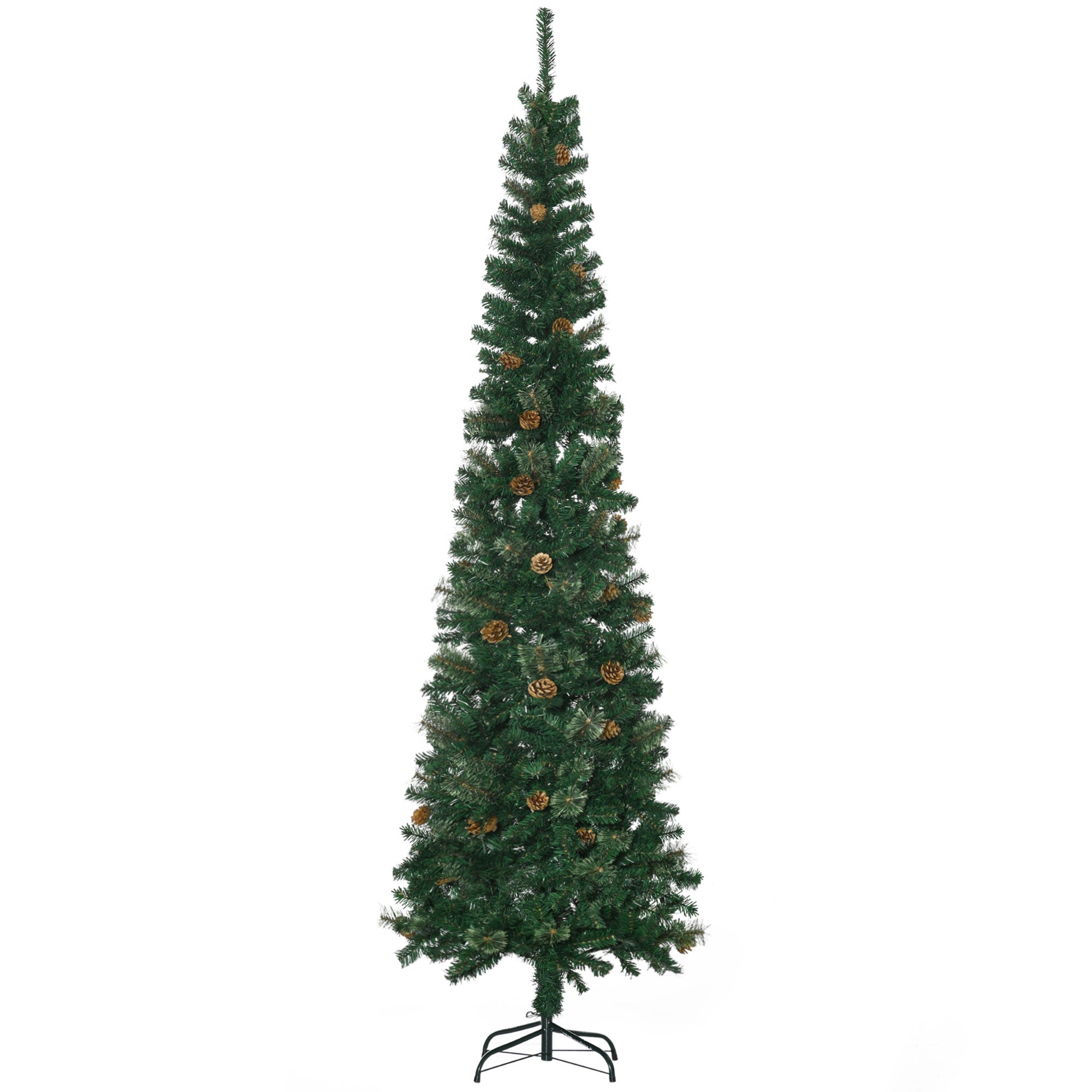 7.5 Foot Pencil Artificial Christmas Tree, Slim Pine Needles Xmas Tree with Realistic Branches, Pine Cones, Metal Base, Green