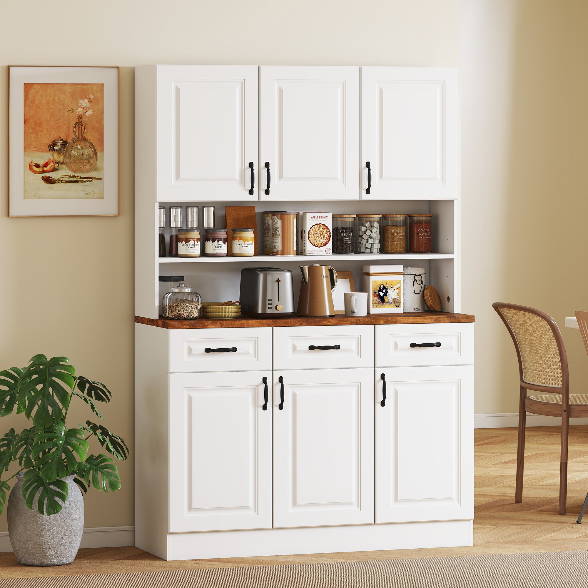 71" Kitchen Pantry Cabinet, Freestanding Farmhouse Storage Cabinet with Wide 2-Tier Microwave Stand Countertop, 3 Drawers, 6 Soft Closing Doors, and Adjustable Shelves, Cable Management, White