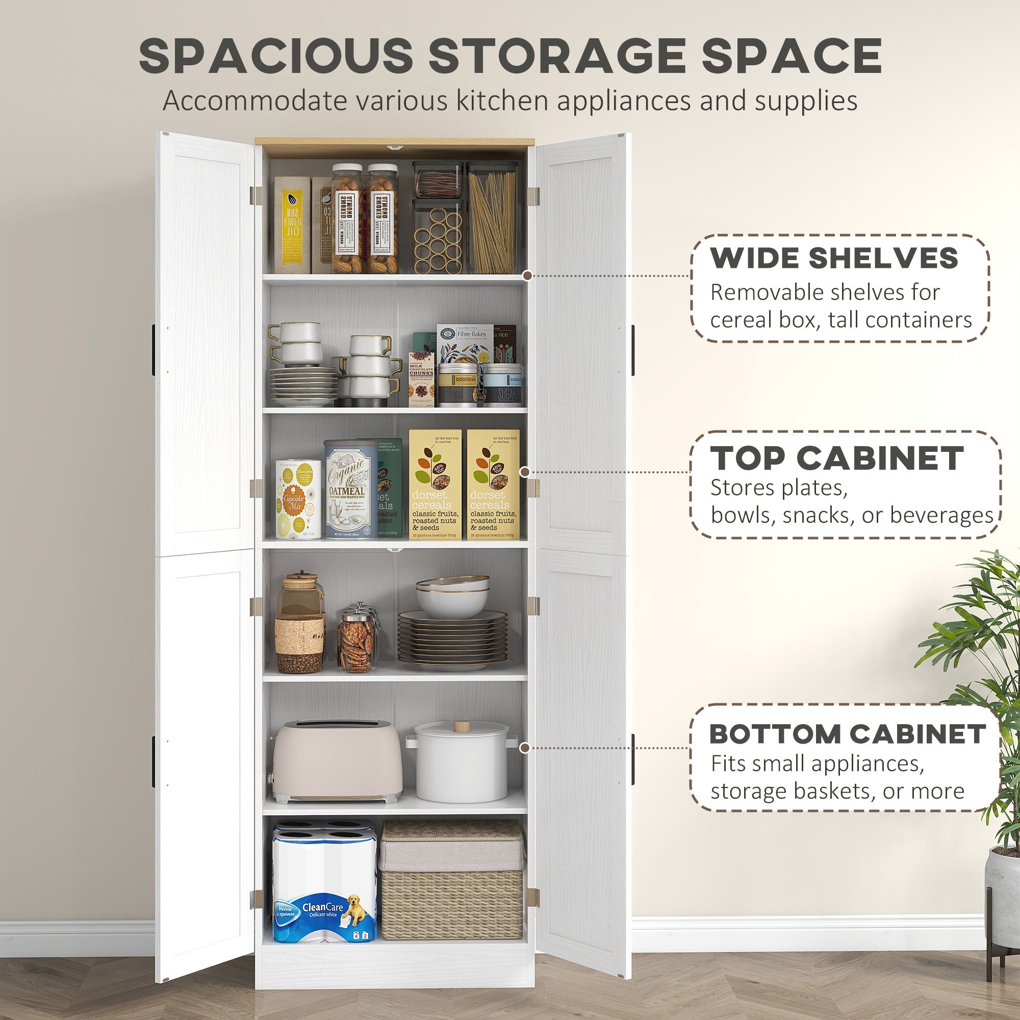 Freestanding Kitchen Pantry, 4-Door Kitchen Pantry Cabinet with Adjustable Shelves and Doors, Distressed White