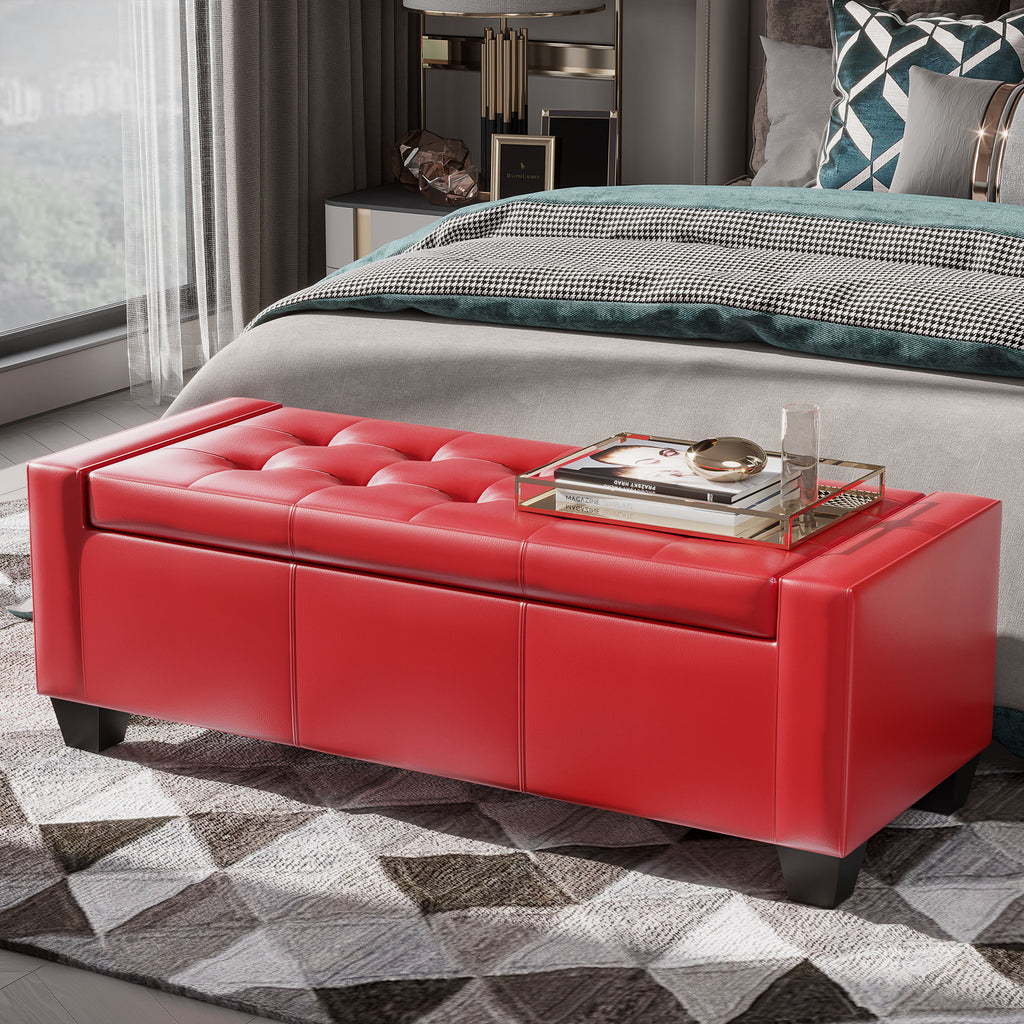 50.5" Faux Leather Rectangular Tufted Storage Ottoman, Bright Red