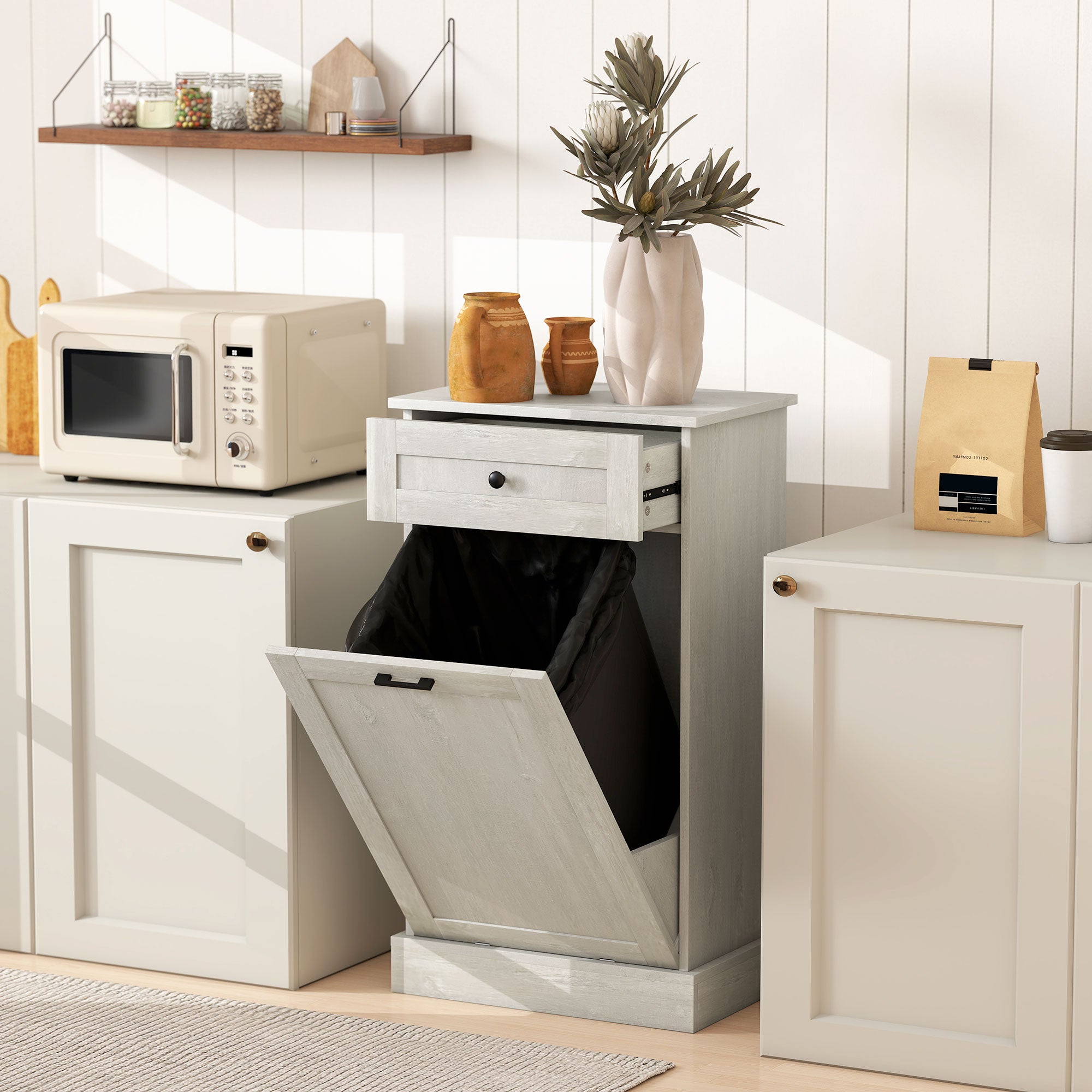 Kitchen Tilt Out Trash Bin Cabinet Free Standing Storage Cabinet with Drawer, Light Gray