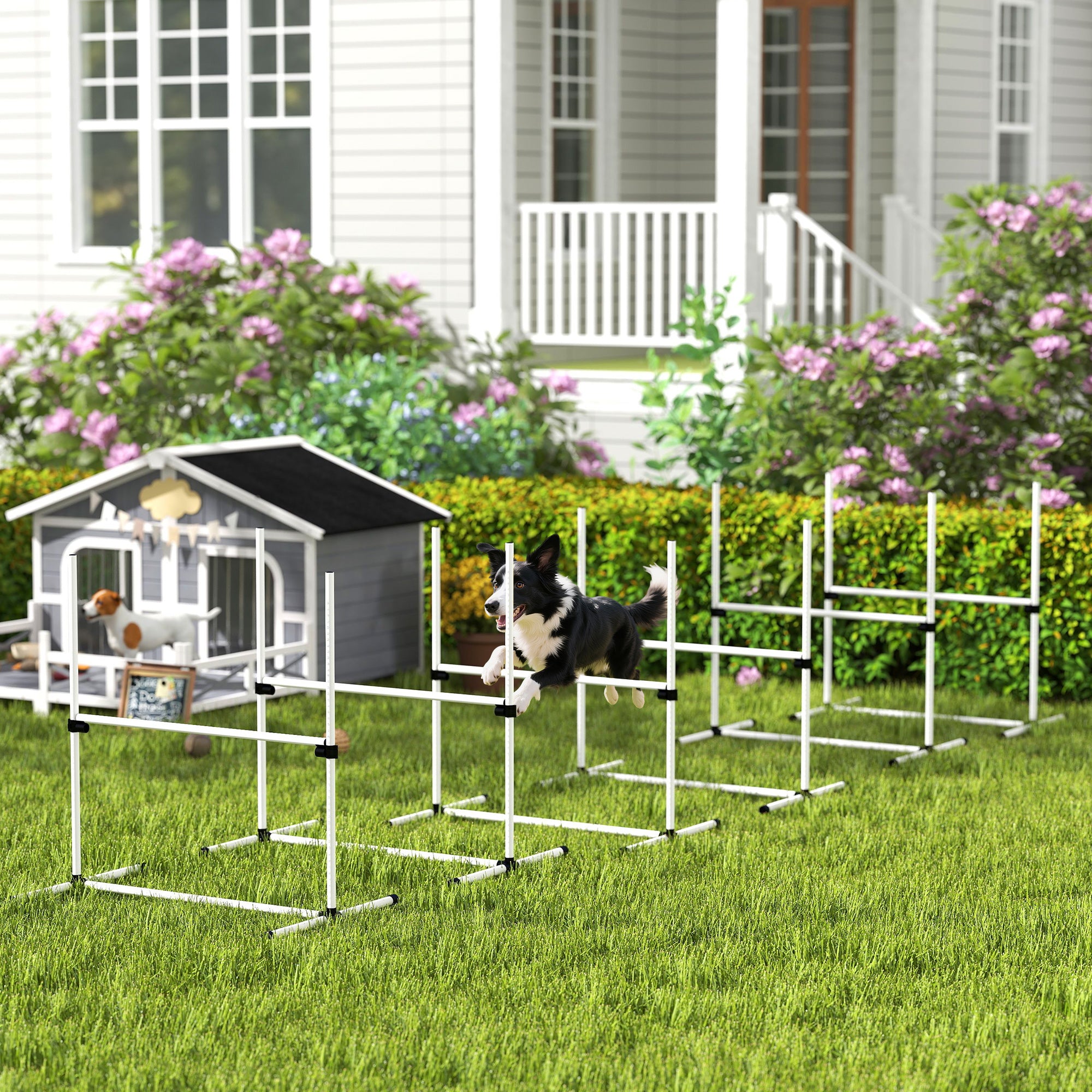 6 Piece Dog Agility Set with Adjustable Height Jump Bars, Carry Bag, Displacing Top Bar, White