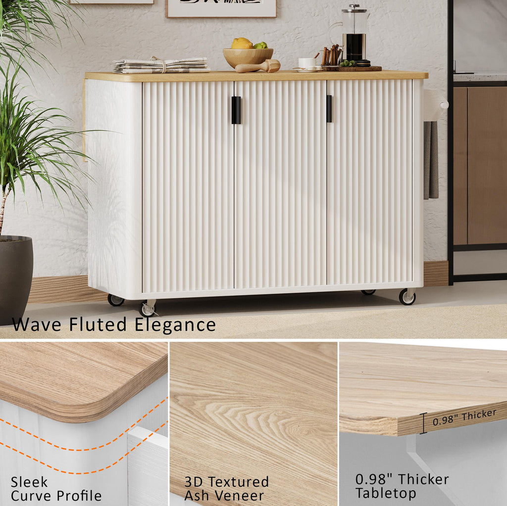 Fluted Kitchen Island with Drop Leaf, Internal Storage Rack, Rolling Kitchen Cart with Towel Rack, Adjustable Shelves, Smooth Curved Edge, White