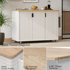 Fluted Kitchen Island with Drop Leaf, Internal Storage Rack, Rolling Kitchen Cart with Towel Rack, Adjustable Shelves, Smooth Curved Edge, White