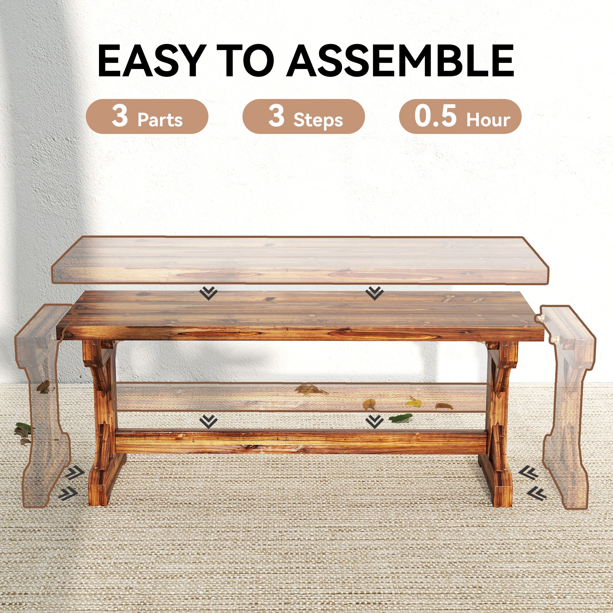 Rustic Outdoor Wooden Bench, Backless Garden Bench Patio Loveseat with X-Shape Base for Porch, Park, Carbonized