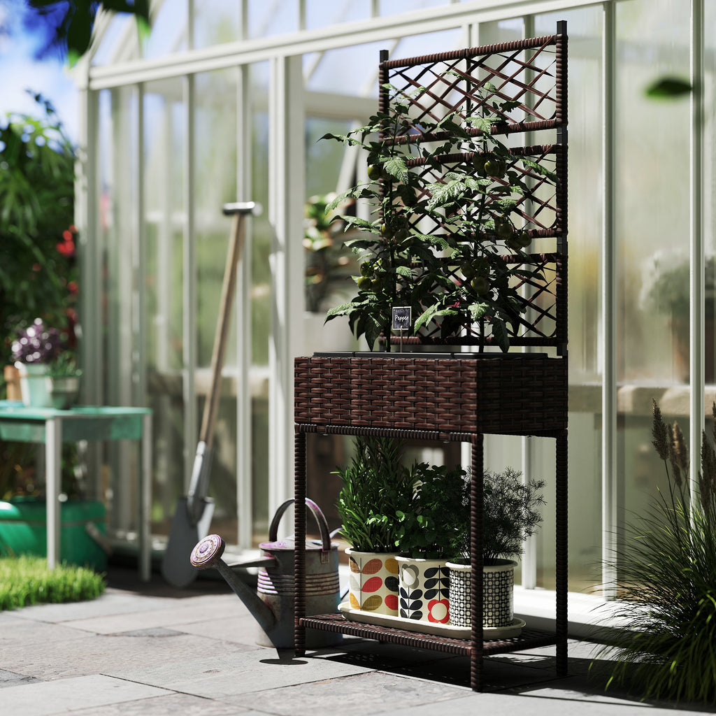 Outdoor Wicker Planter with Trellis for Climbing Plants, Freestanding Rattan Garden Box with Storage Shelf, Brown