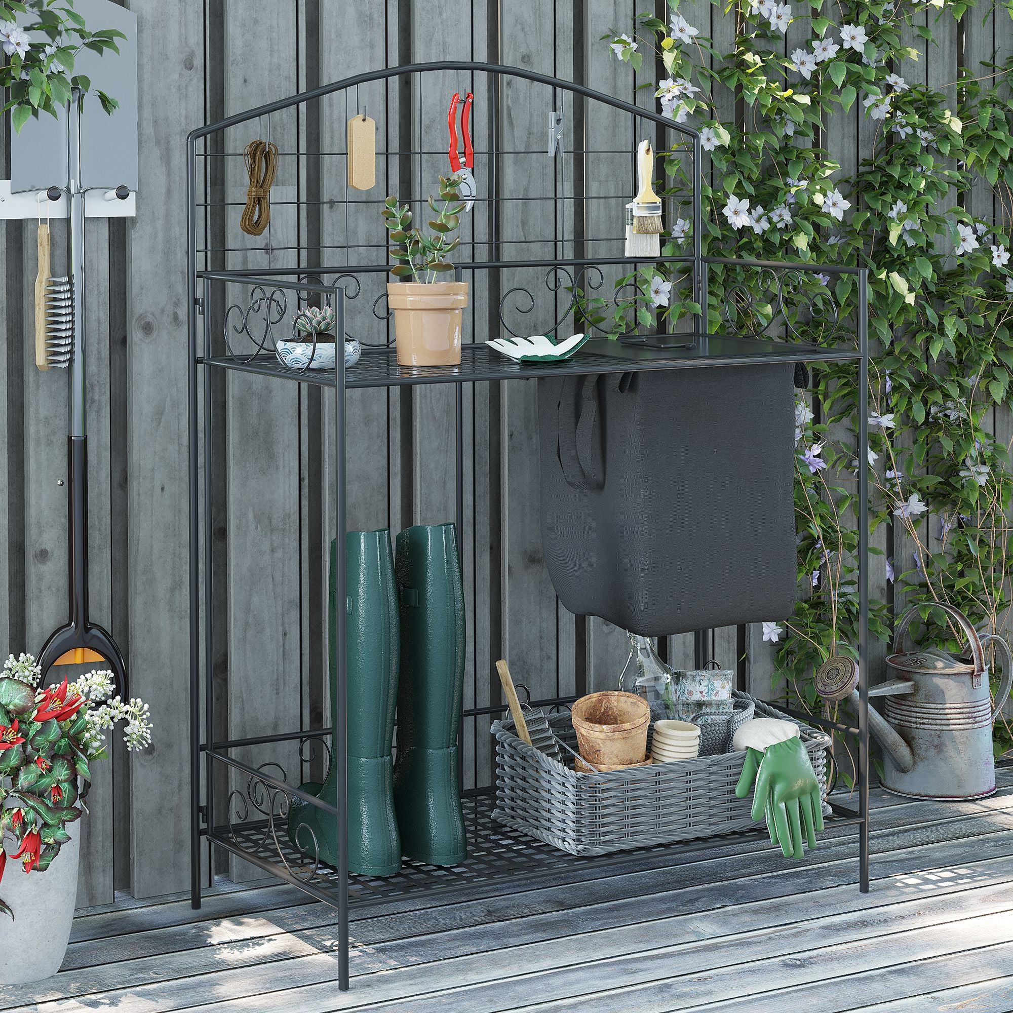 Folding Potting Bench Table, Metal Garden Workstation, Work Bench with Large Build-In Bag with Cover, 5 Hanging Hooks & Storage Shelf, Flourishes