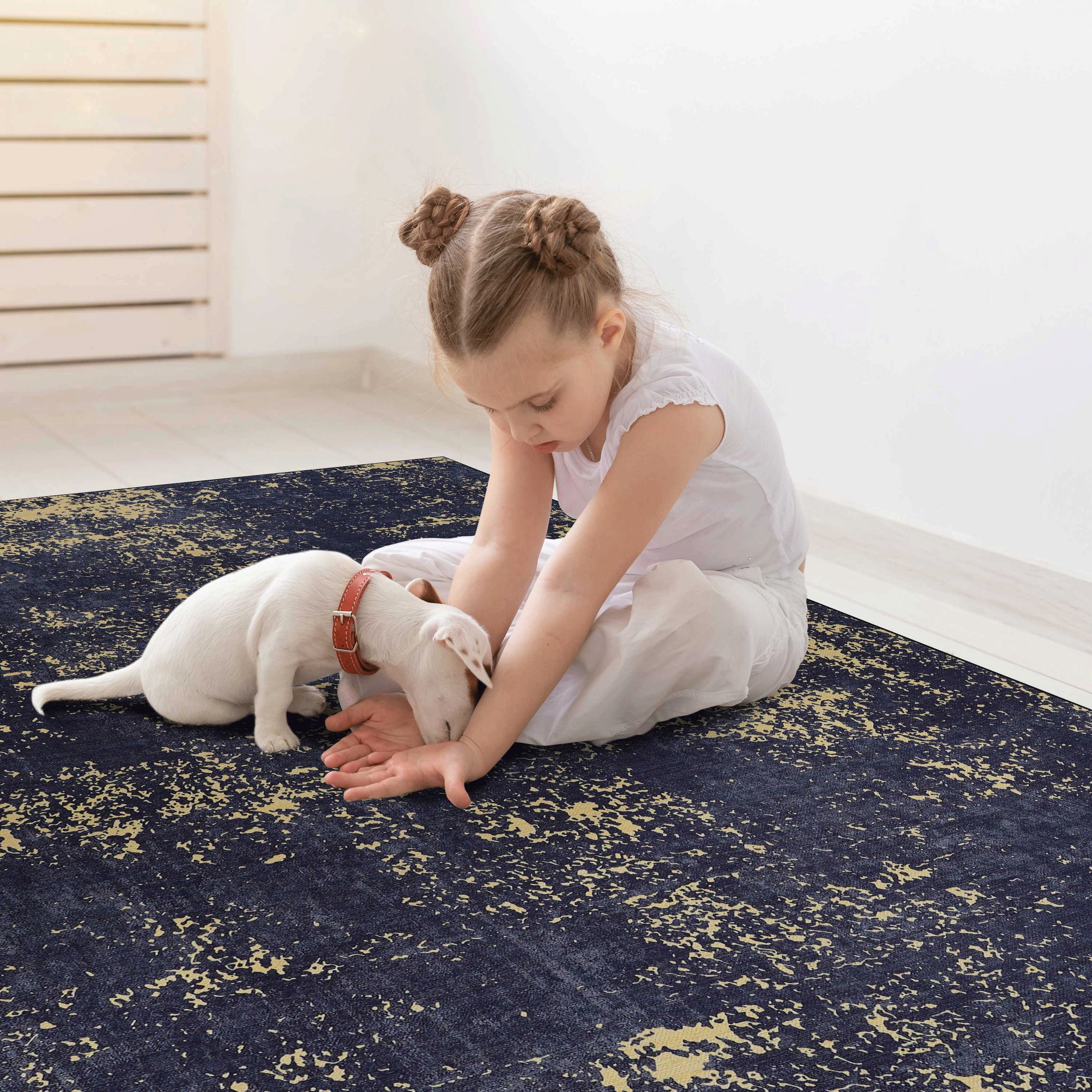 9x12 Non-Slip Machine Washable Area Rug with Low-Pile, Non-Shedding Kid and Pet Friendly Carpet, 108" L x 144" W x 0.15" H, Black+Gold