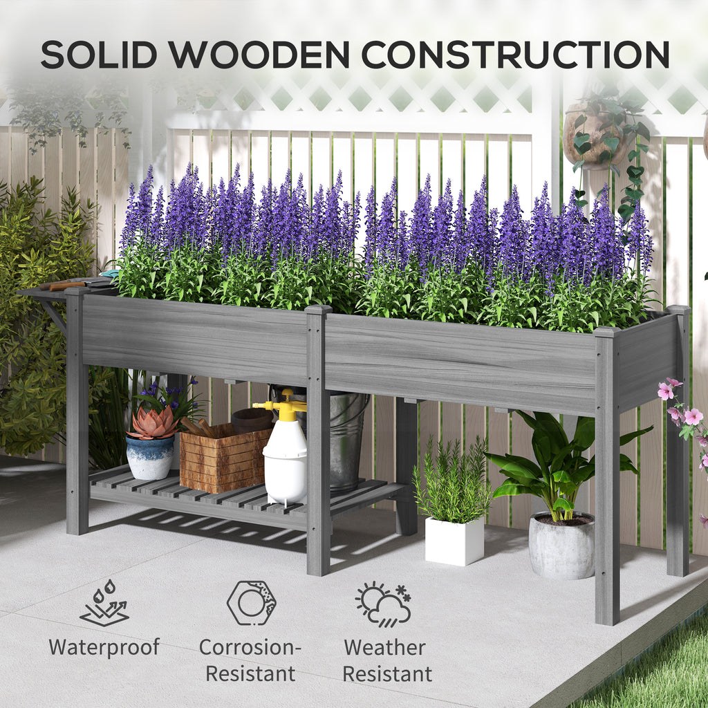 Wood Raised Garden Box, Elevated Garden Bed with Side Table, Bottom Shelf, Bed Liners and Drainage Holes, Gray
