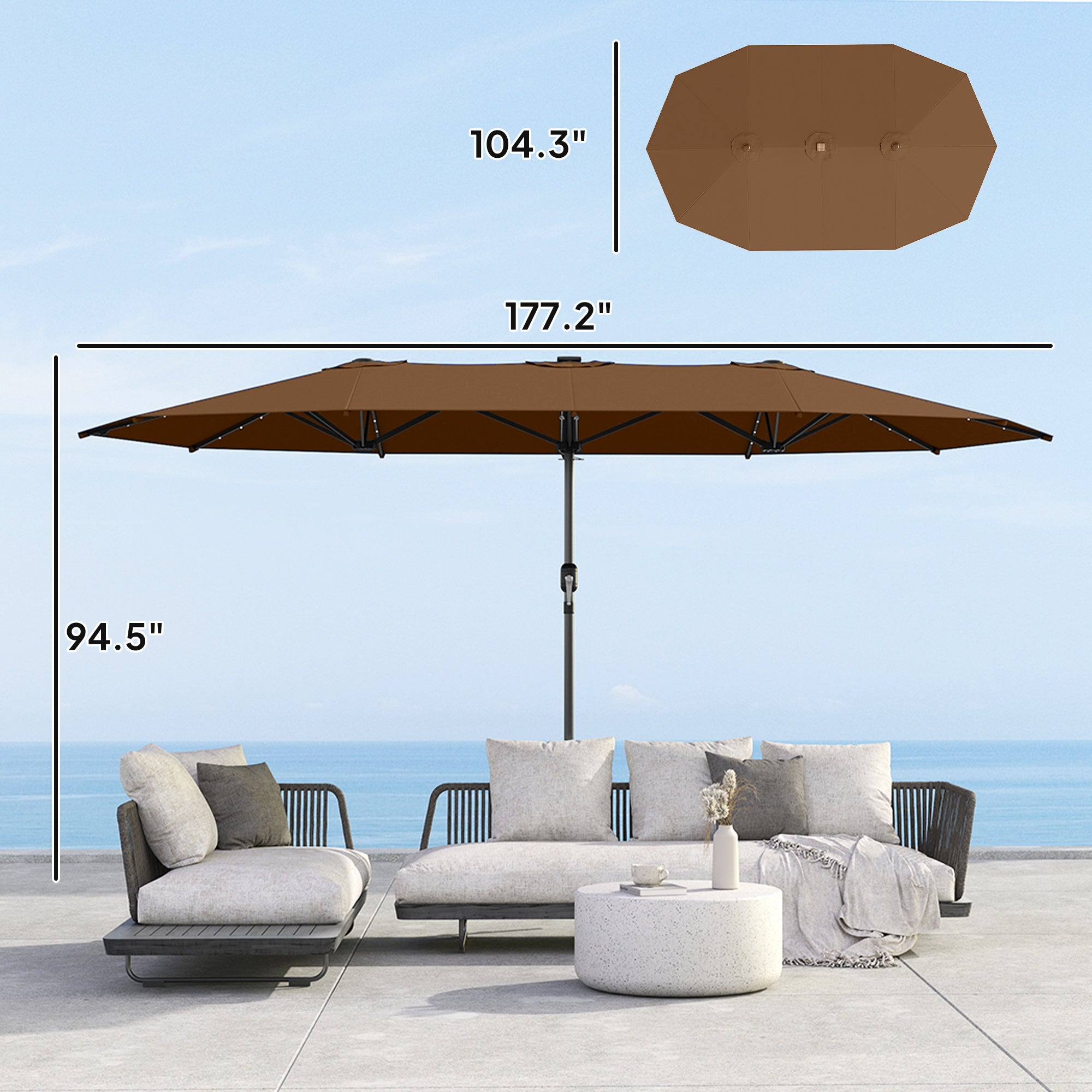 Garden Parasol, Double-Sided Sun Umbrella with LED Solar Lights, Patio Parasol for Outdoor, Coffee